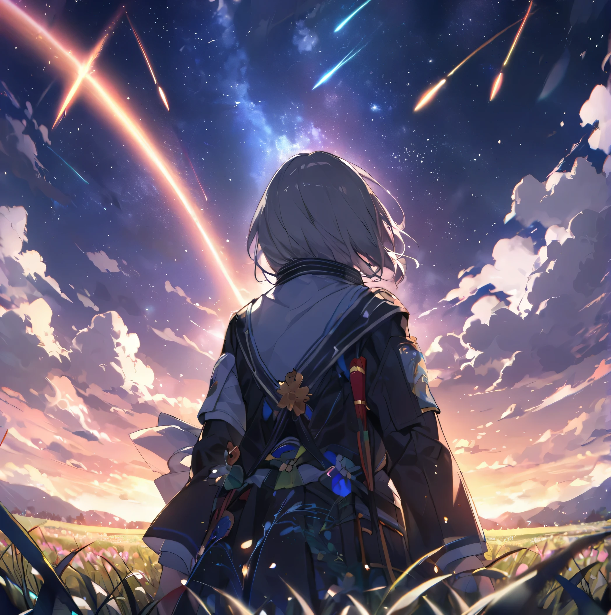 1 person、Fighting girl staring at the stars(zoomed out:1.1)、(Meteor swarm:1.2)、(comets:1.1)、yourname、low angles、from the rear、Arrowlaboralis shooting star、military outfits、cherry trees、Highest quality standing in the field、masterwork、clouds、colourfull、starrysky、stele、