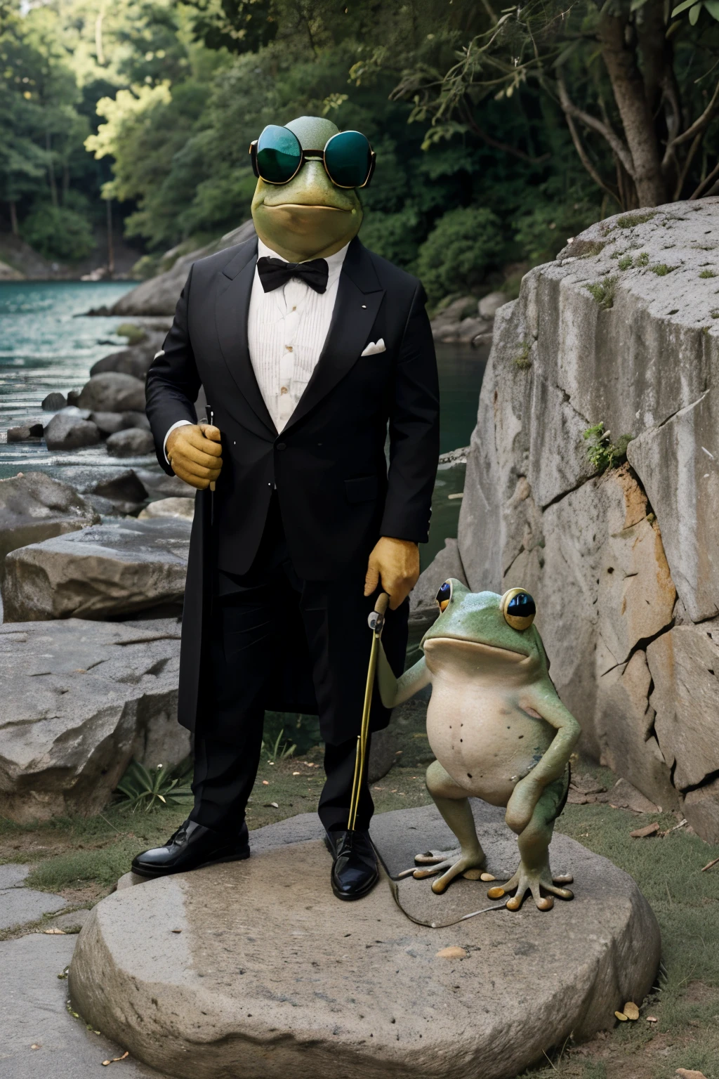 there is a large rock and a lake at the bottom a frog with human characteristics wearing sunglasses and a cane leaning against the stone and this frog is blind he has dark glasses and uses a cane, he is standing, cartoon, meme fun
