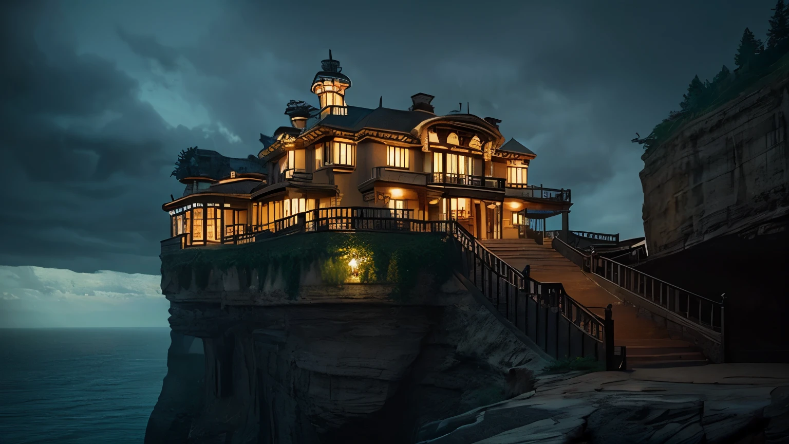 A western mansion with a scary atmosphere、Western-style mansion on the cliff、horror、rain、perched on top of a cliff、fear