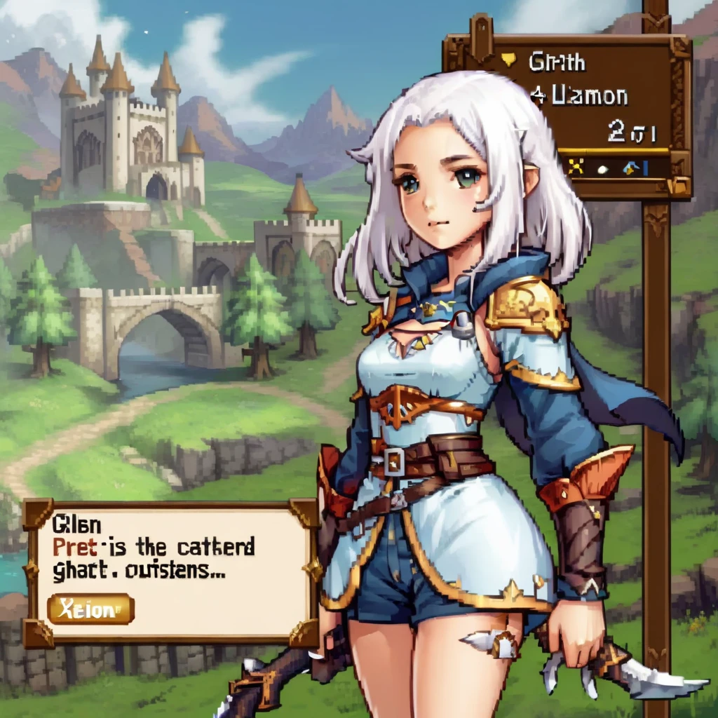 For gaming style images, Create an RPG game scene，Has detailed dialog box with character portrait. Scenes are vivid and immersive, Typical fantasy role-playing game, with lush, Mysterious landscape in the background. Portraits of people stand out, Place next to the dialog box，to facilitate character recognition. The portrait shows an expressive figure, Wear clothing appropriate to the fantasy theme of the game. The style of the dialog box is gorgeous, medieval font, Enhance RPG feel, it contains fascinating, story driven text，Suggests an epic task or important decision.,  cute girl, Special clothing, white hair