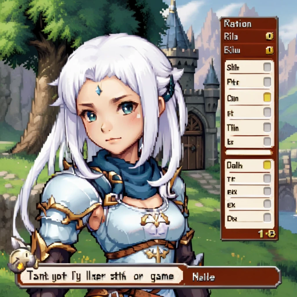 For gaming style images, Create an RPG game scene，Has detailed dialog box with character portrait. Scenes are vivid and immersive, Typical fantasy role-playing game, with lush, Mysterious landscape in the background. Portraits of people stand out, Place next to the dialog box，to facilitate character recognition. The portrait shows an expressive figure, Wear clothing appropriate to the fantasy theme of the game. The style of the dialog box is gorgeous, medieval font, Enhance RPG feel, it contains fascinating, story driven text，Suggests an epic task or important decision.,  cute girl, Special clothing, white hair