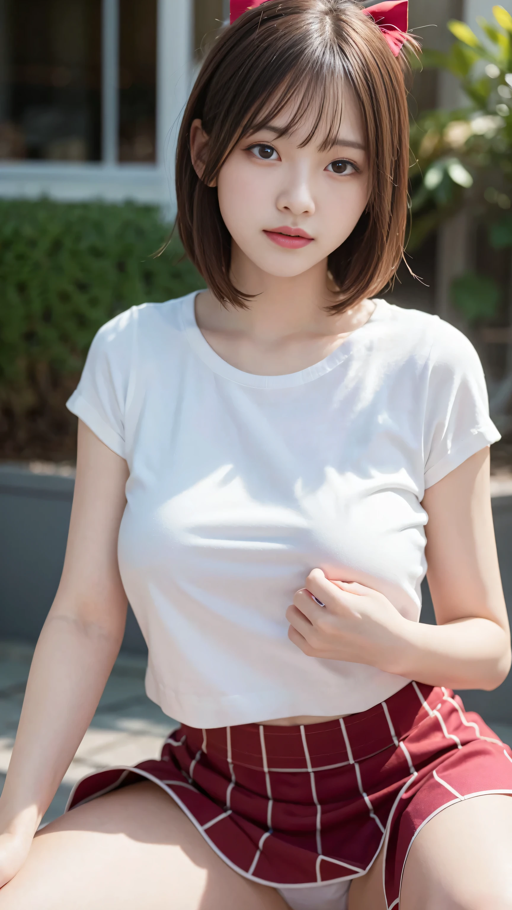 (8k, RAW photo, best quality, masterpiece:1.2), ultra detailed, ultra high res, high-resolution,(realistic, photo realistic:1.4),depth of field, realistic shadow, caustics, natural shading, photon mapping, fine-textured, perfectly focused,
BREAK
cinematic lighting, soft lighting, HDR, SIGMA 24 mm F/2.8, ISO 400, 1/125 sec shutter,an extremely delicate and beautiful, extremely detailed, 8k wallpaper, Amazing, finely detail, huge file size, extremely detailed CG, unity 8k wallpaper, official art, perfect artwork, production art,
BREAK
((Beautiful detailed eyes, Natural Color Lip, Soft white skin that shines with every detail, 18 years old)), 1 girl, solo, blush, full breasts,
BREAK
short hair, pink hair, fluffy bob cut,
BREAK
eyebrows visible through hair, open mouth, smile,
BREAK
(mini skirt:1.5), red bow, ribbon,
BREAK
looking at viewer,
BREAK
squatting, spread legs, from below