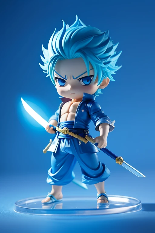 Roronoa Zoro, chibi one piece,Blue Costume、blue awakening Unleash your true potential,blue aura,blue sword