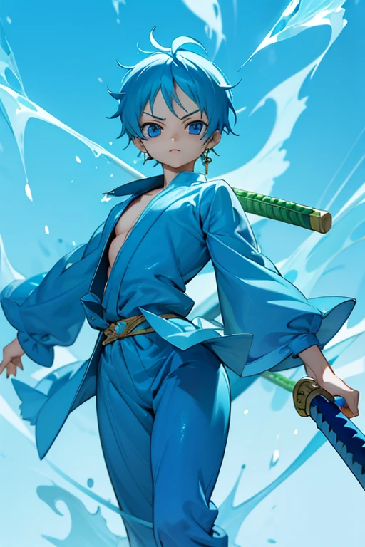 Roronoa Zoro, chibi one piece,Blue Costume、blue awakening Unleash your true potential,blue aura,blue sword