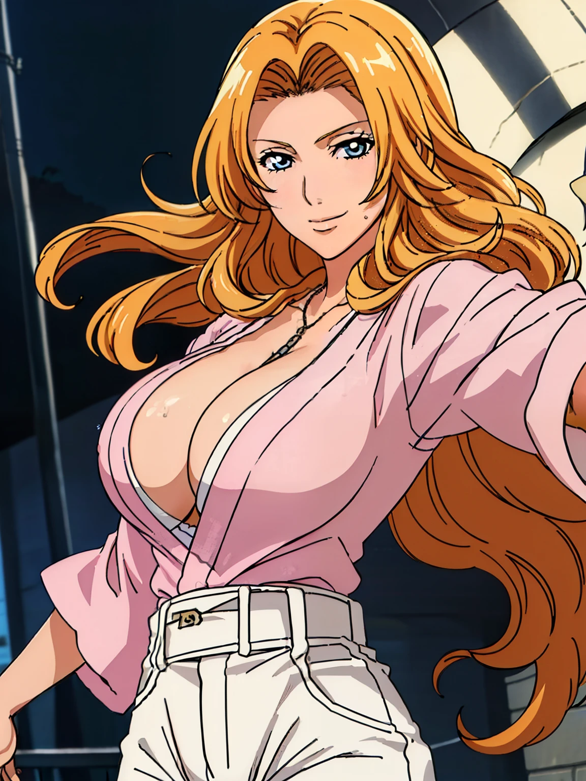 standing, white-pink tshirt, white short pants, (street ciry background), matsumoto rangiku, takeda hiromitsu style, anime cels style, best quality, high resolution, (huge breasts:1.3), cowboy shot, (potrait body), blush, smiling, blue eyes, Blonde hair, bangs,Long_hair, 1 girl, looking at viewer