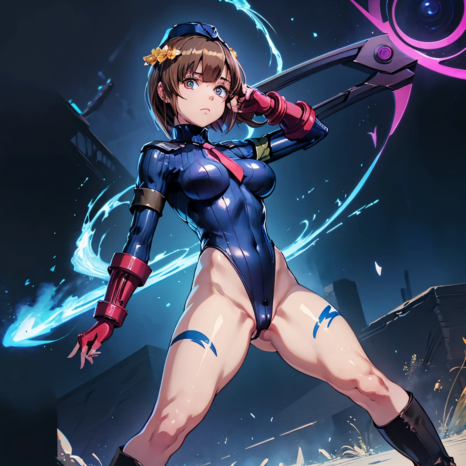 ultra-detailed, Explicit, Beautiful body, Beautiful Nose, Beautiful character design, perfect eyes, perfect face, ultra highres, 4K, beautiful legs, perfect legs, Nice hands, Perfect hand, Masterpiece, Best Quality, Highly detailed, illustration, absurdres, perfect anatomy, street fighter, doll suit, shadaloo doll, dollsuit, expressionless, blank eyes, looking at viewer, red gloves, emotionless, black latex, corruption, mind control, female combatant, full body, hypnotized, unhappy trance, full body suit, ribbed bodysuit, both arms at side, obey, perfect female body, extremely glossy latex, hypnosis, hypnoLora, empty eyes, Mind control device, poses, submissive_pose, Slave, standing straight, standing, standing at attention, hat, necktie, belt, latex, ribbed bodysuit, thigh Highs, garter belt, Fighting Stance, extending the right arm from the shoulder into the air with a straightened hand, military, thigh boots, black pantyhose, (((pixel-perfect, detail-perfect))), solo, 1girl, hair ornaments, short hair, brown hair, short brown hair, blue eye, yellow eye, Kozue Hiiragi, Heaven Burns Red, medium breast, Heterochromia, holding scythe, scythe, glowing eye, intricate iris