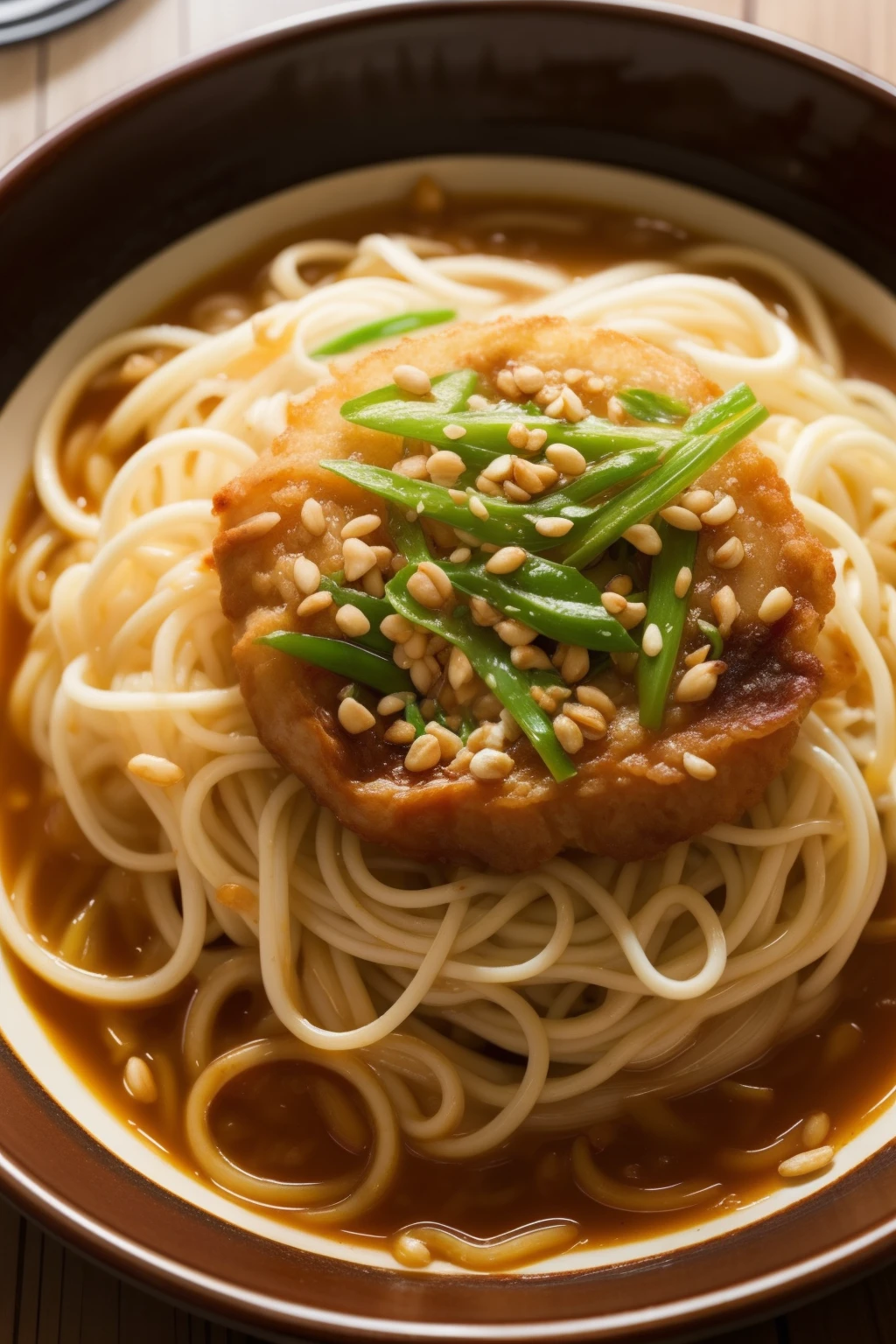 ((Best quality, 8k, Masterpiece :1.3)), A tantalizing bowl of 2cm wide noodles, known as "you po mian," is depicted in all its glory. The steam rises from the bowl, indicating its piping hot temperature. The enticing aroma of the dish wafts through the air, making one's mouth water. The noodles have a chewy texture, perfectly complemented by the rich and spicy sauce that coats them. Garnished with crispy spring onions and crushed peanuts, this dish is a true culinary delight.
