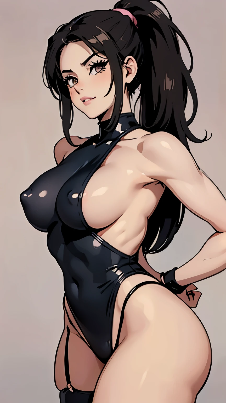 Denise Milani woman, dragon ball fighting stance,seductive,sexy,erotic,no_shirt,detailed fabrics,full lips,half smile,shiny dark hair,big bright eyes,ponytail,(huge breasts),broad shoulders,small waist,wide hips,(intricate, highly detailed, 8K, masterpiece),soft tones,soft background,bokeh