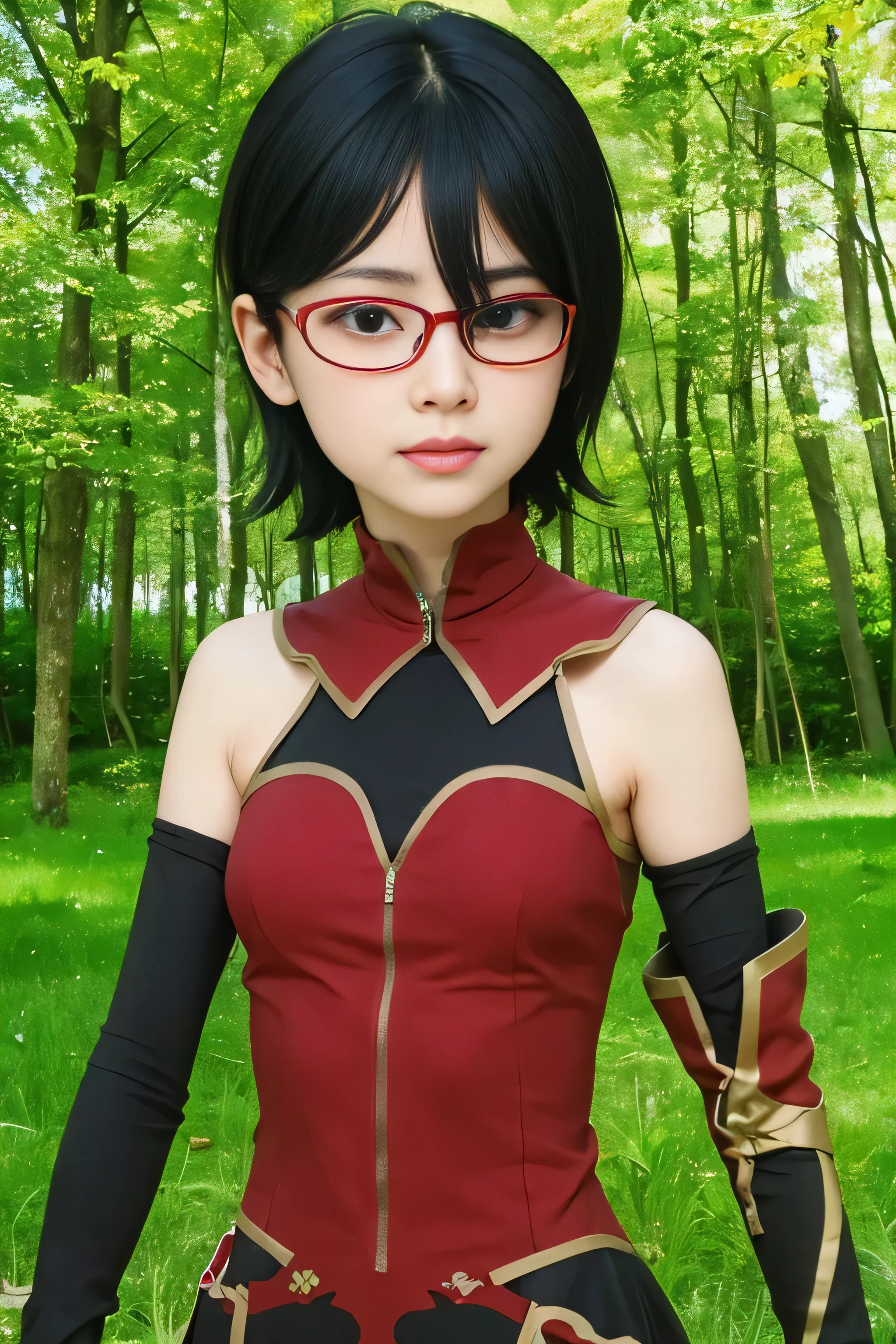 masterpiece, best quality, (realistic,photo-realistic:1.4), (RAW photo:1.2), extremely detailed CG unity 8k wallpaper, delicate and beautiful, amazing,finely detail, official art, absurdres, incredibly absurdres, huge filesize, ultra-detailed,extremely detailed eyes and face,light on face,sarada,(little smile),(black hair:1.4),(short hair:1.6),(wearing dress:1.5),window,(wearing red framed glasses:1.4),turtleneck