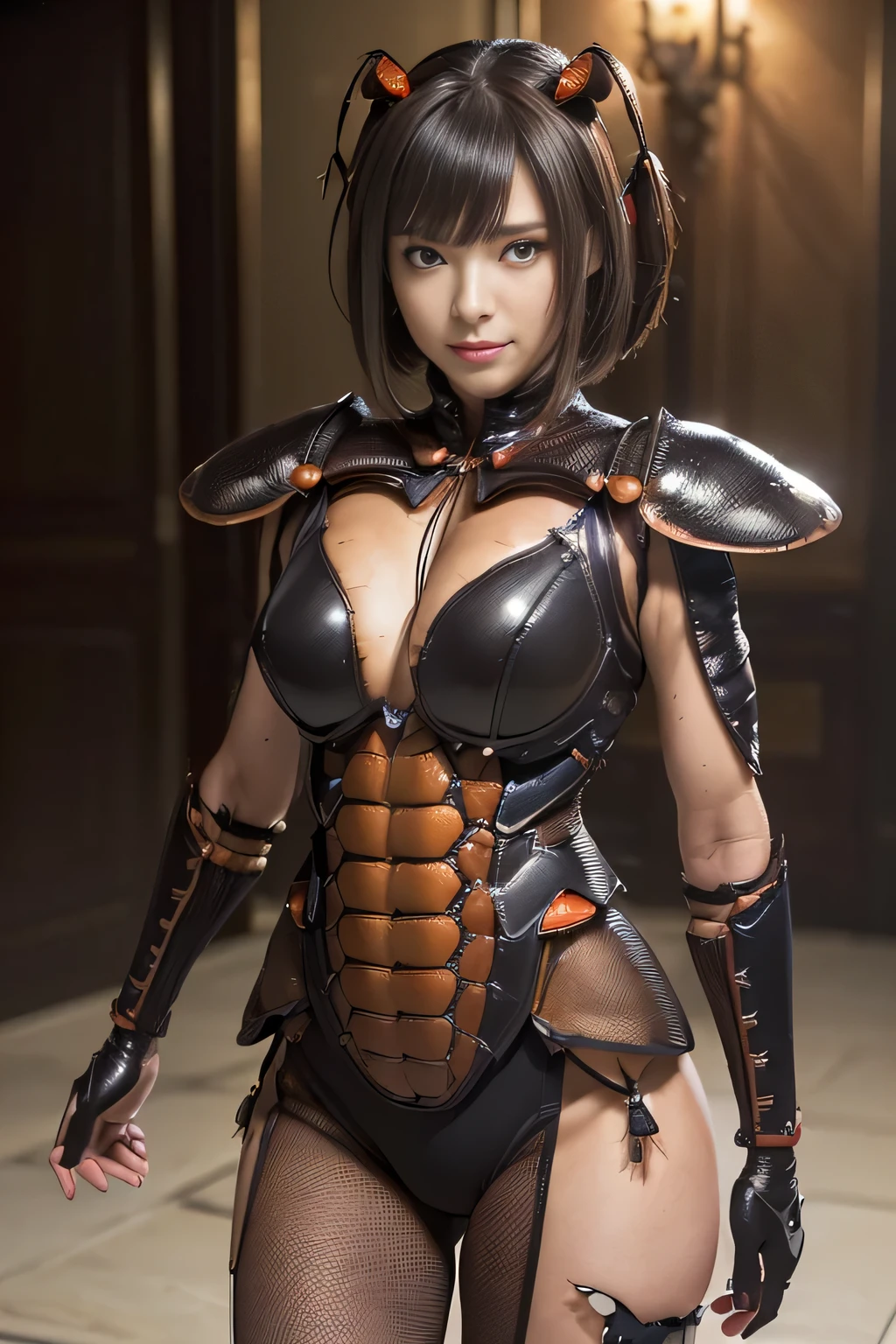 (high resolution,masterpiece,best quality,extremely detailed CG, anime, official art:1.4), realistic, photo, amazing fine details, all intricate, gloss and shiny,awesome many layers, 8k wall paper, 3d, sketch, kawaii, illustration,( solo:1.4), perfect female proportion,villainess, (fusion of dark brown cockroach and lady:1.4), (brown cockroach form lady:1.2), (brown cockroach lady:1.2), (fusion:1.2), (solo:1.4), (evil smile:1.2), muscular, abs, (cockroach brown exoskeleton bio insect suit:1.4), (cockroach brown exoskeleton bio insect armor:1.2), (brown transparency cockroach wing:1.4), (brown cockroach antennae:1.3),