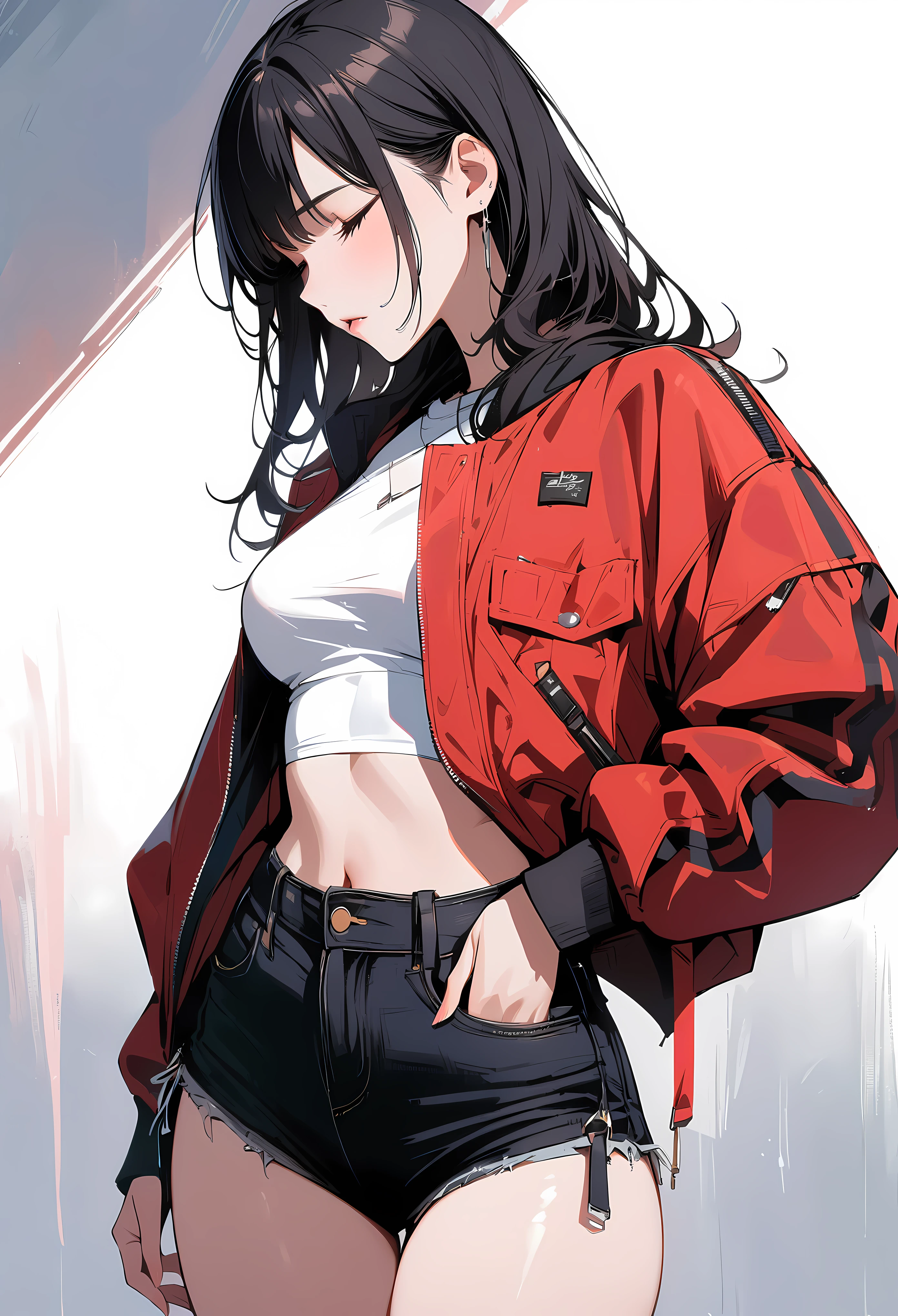 (masterpiece, best quality:1.2), 1 girl, alone , sexy , red jaket , cutoff-jeans , (cowboy shot) , black hair , white top
