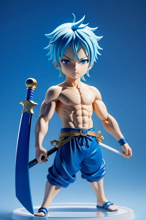 Roronoa Zoro, chibi one piece,Blue Costume、lapis lazuli blue awakening Unleash your true potential,lapis lazuli blue aura,lapis lazuli blue sword