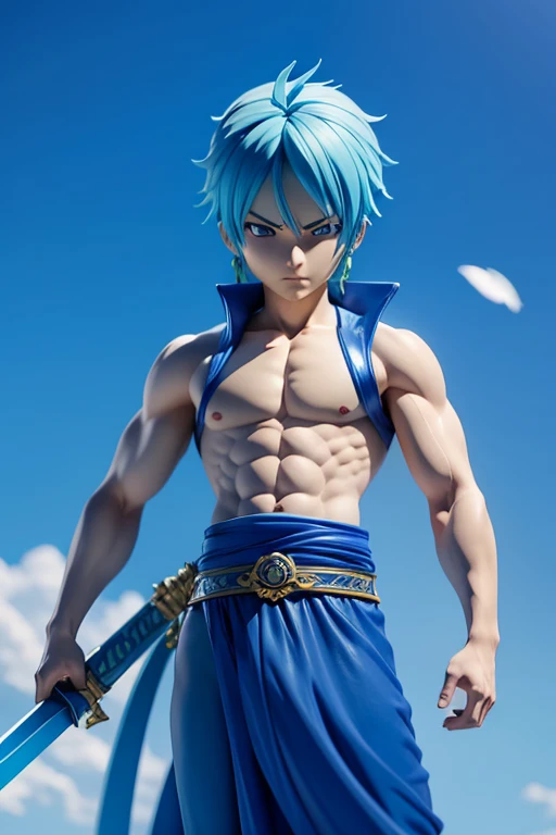 Roronoa Zoro, chibi one piece,Blue Costume、lapis lazuli blue awakening Unleash your true potential,lapis lazuli blue aura,lapis lazuli blue sword