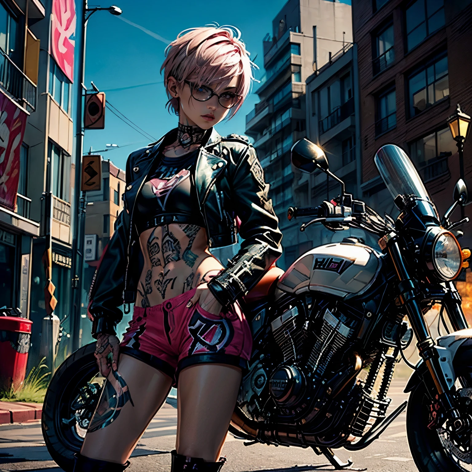 (((top quality: 1.4))),(A masterpiece like no other in history), (ultra high resolution),(Ultra-realistic 8k CG), official art、standing in front of a motorcycle, (((adult body))), (((1 girl))), ((( bob short hair ))), punk girl with perfect body, jacket with metal spine,Beautiful and well-shaped face,See here,elaborate punk fashion,leather jacket, (Image from head to thighs),((Pink bob short hair )), ((small leather micro sling bikini:1.0)), Simon Bisley's urban and brutal style,Detailed street background of London,beautiful abs, Complex graphics, (( Lots of poisonous tattoos )), earrings,cinematic lighting,