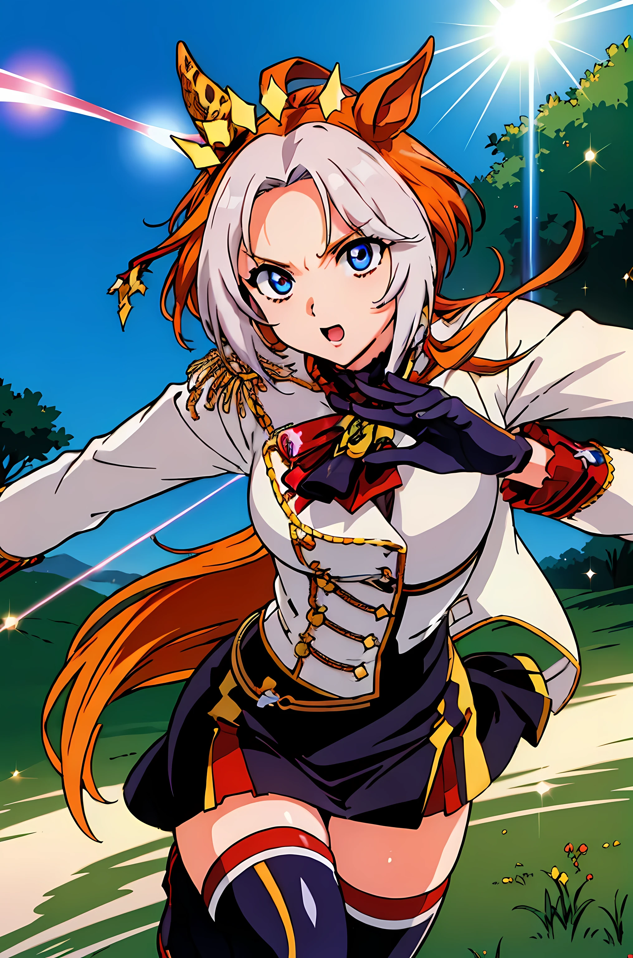 (highest quality:1.3),(ultra-be familiar with:1.5),High resolution,extremely be familiar with CG,unity 8k wallpaper,official art,be familiar with,super be familiar with skin,perfect anatomy,beautiful be familiar with eyes,(anime screenshot:1.11),very delicate and beautiful,(90s anime,90s anime style,cel shaded anime:1.17),1 girl,alone, anmnr,((orfevre \(umamusume\):1.52)),(crown:1.7), jewelry, bowtie, Jacket, epaulettes, long sleeve, black gloves, white gloves, red bow, black skirt, Thighhighs, skirt, bow, (shining eyes),blends well with the eye,blends well with the eye,focus of the eye,(Carefully crafted brilliance, sky blue lens flare:1.7),(expression of joy:1.51),octane rendering,rainbow paint drop,Woman made of paint,Full Paint,(movie background),splat,splash,dark and blurry background,close,(best writing, very delicate and beautiful),Detailed beautiful shine,(soft light:1.2),(soft money tone lighting),Warm and soft lighting,dramatic light,((cinematic light)),ambient occlusion,ambient light,violently,powerful,Absolutely eye-catching splashes of color,((caustic)),raytraced reflections,light shines,(running:1.1), Depth of the bounds written, outdoor, (running),beautiful face, intense lighting),born, dramatic light,violence everywhere,(expression of joy:1.4), (Raging Eyes:1.2), ),spell magic, magic circle, ((Magic in your hands)),(using the magic of light:1.14),imaginative overlays, artistic fusion,fantastic scene, exciting story, impressive visuals, ((motion trajectory effect)), spiky hair,, superhero, run at lightning speed, leave traces of movement, MotionTrail, Speed Effect, Drive through the steppes, Speed Trace, Super Speed Power