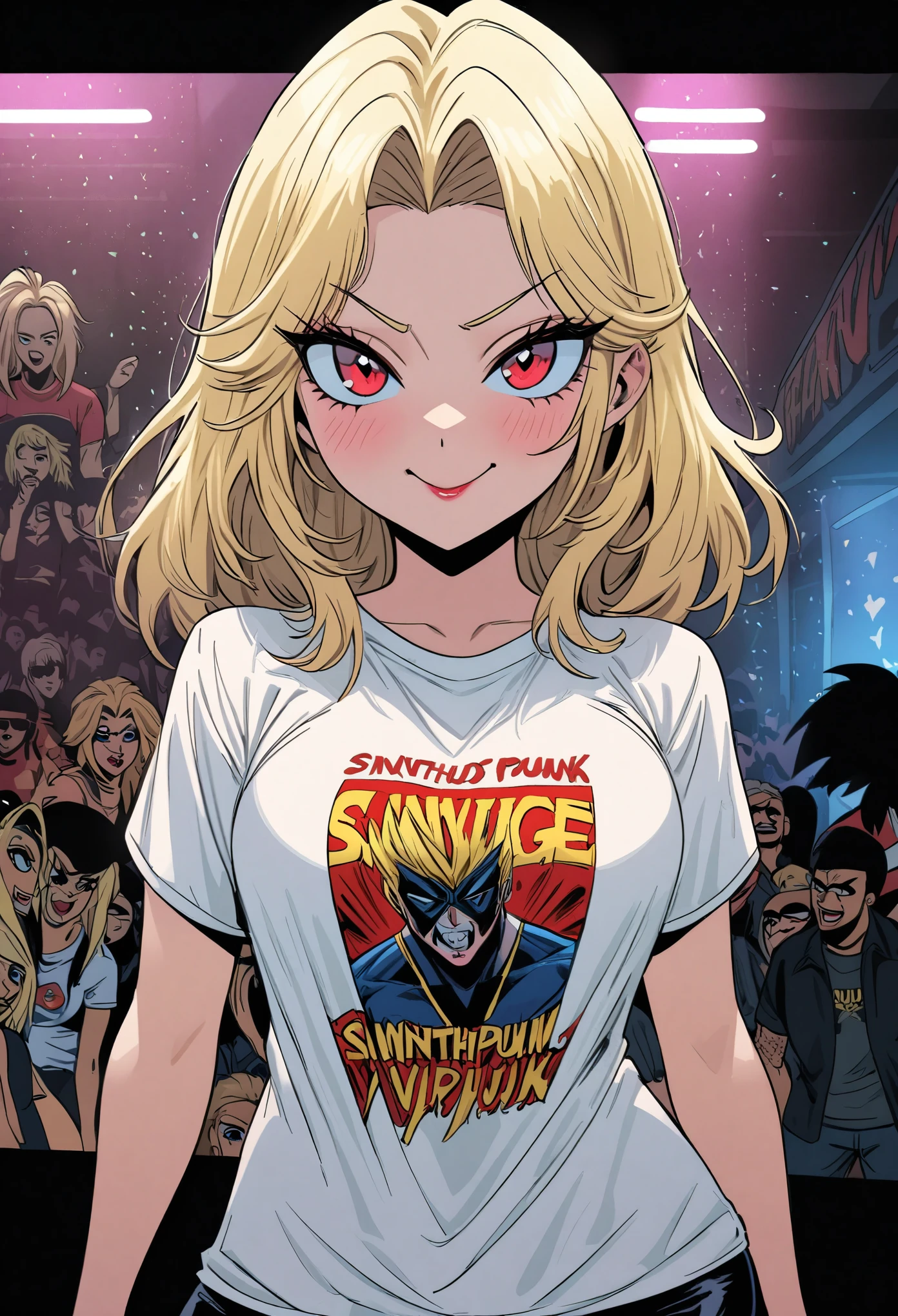 comic book style, joe madureira style line art, extremely attractive girl, woman, female wearing an x-men t-shirt,  american heritage, blonde hair, bright red eyes, proud expression, standing inside a nightclub singing,snthwve style, nvinkpunk, duskypie