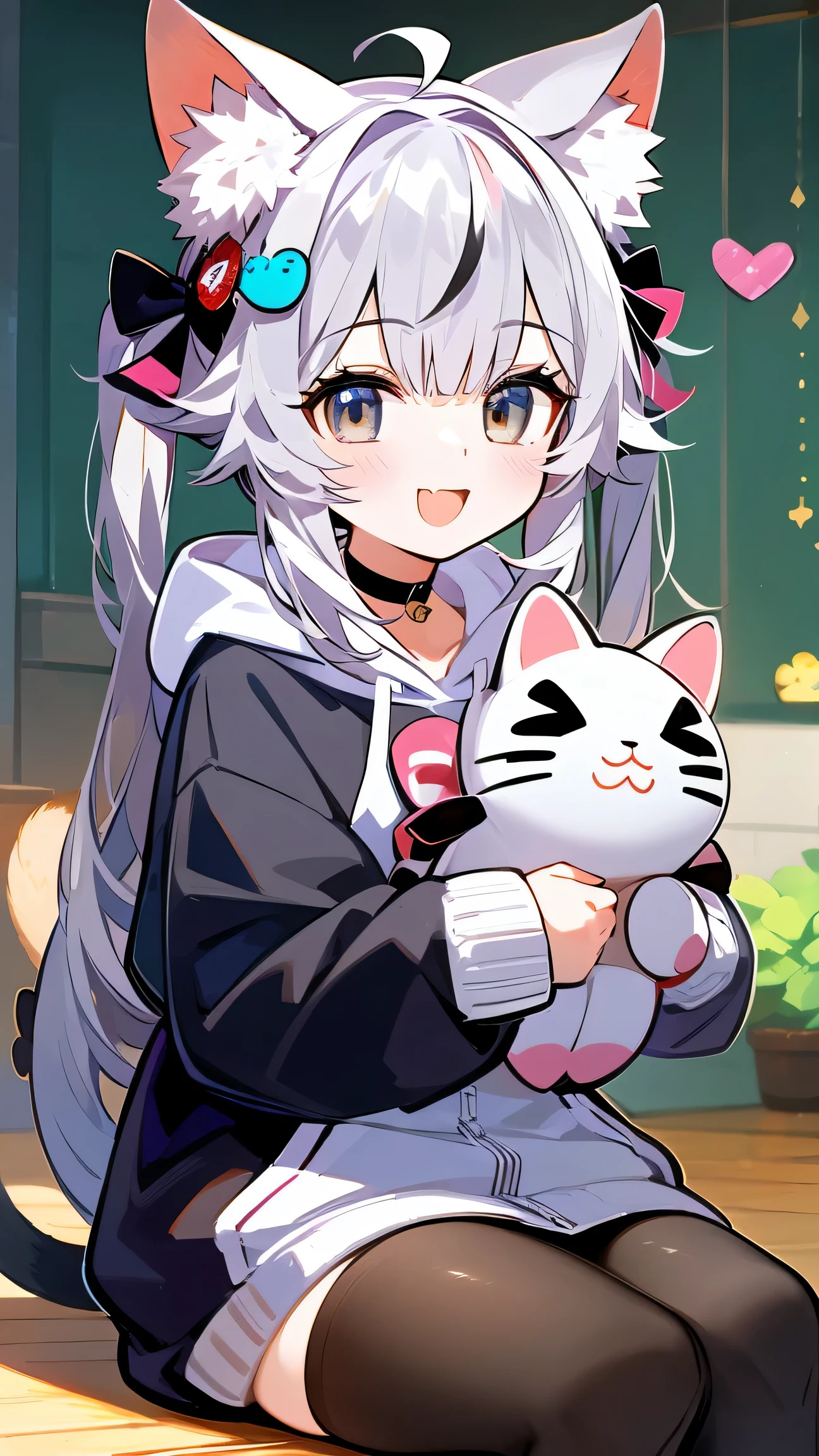 1girl, solo, long hair, looking at viewer, smile, open mouth, bangs, hair ornament, long sleeves, ribbon, holding, animal ears, sitting, jacket, tail, :d, grey hair, heart, choker, fang, cat ears, hood, cat tail, animal ear fluff, grey eyes, hoodie, mask, stuffed toy, hood down, cat girl, extra ears, object hug, heart hair ornament, tail ornament, mask on head, white hoodie, tail ribbon, fish hair ornament, sleep mask