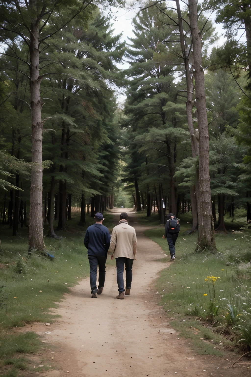 group of 5 real life men walking through a forest with few trees and along a small stone path, que la imagen sea horizontal