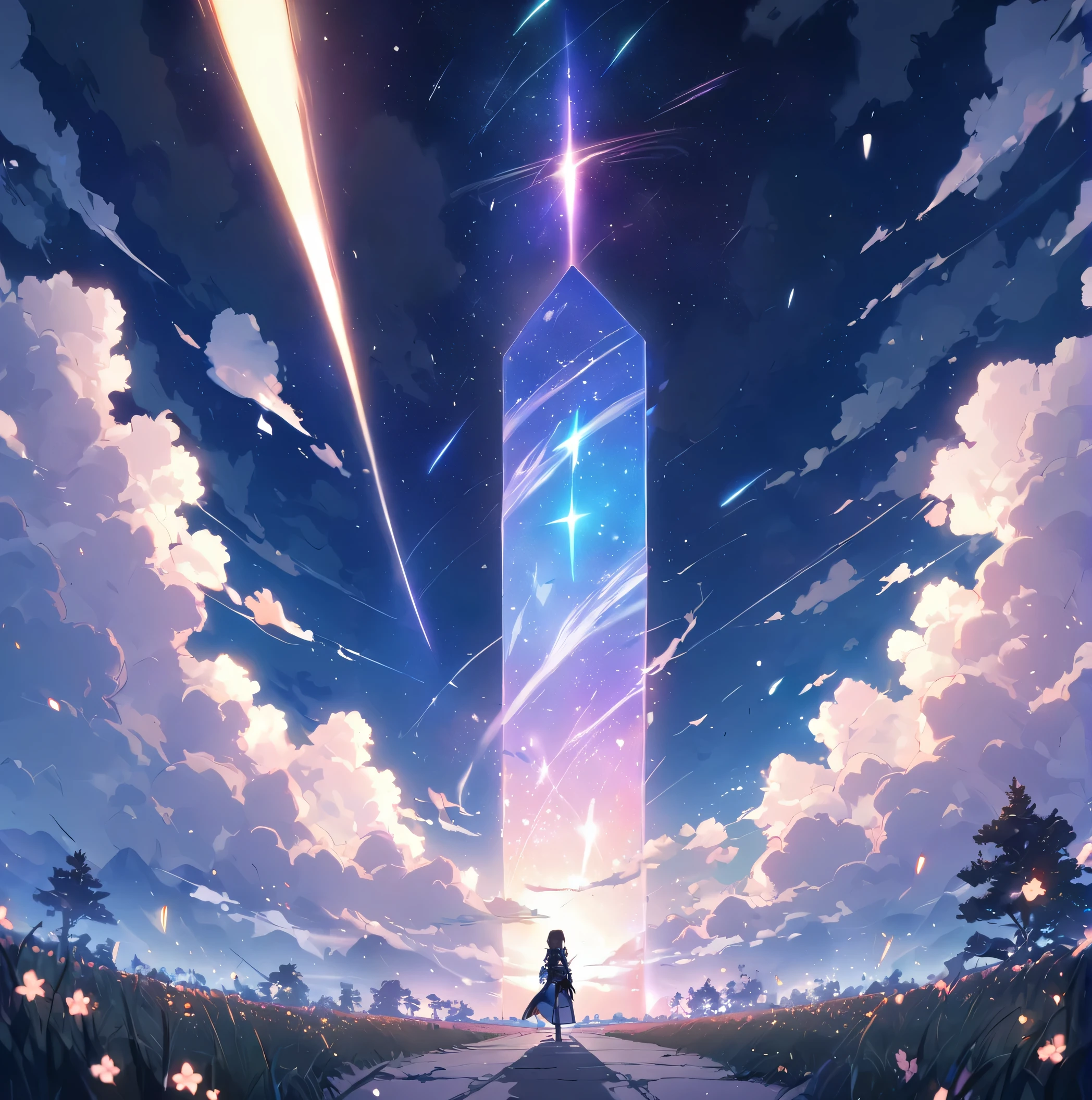 1 person、Fighting girl staring at the stars(zoomed out:1.1)、(Meteor swarm:1.2)、(comets:1.1)、yourname、low angles、from the rear、Arrowlaboralis shooting star、military outfits、cherry trees、Highest quality standing in the field、masterwork、clouds、colourfull、starrysky、stele、night, foggy