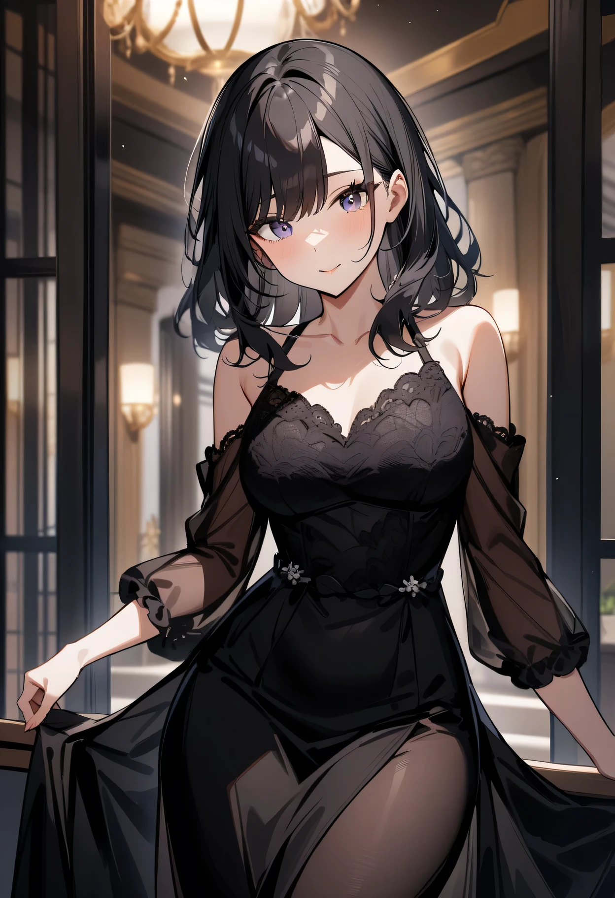 1girl, beautiful girl, mature, black hair, side parted hair, wearing beautiful dress, off-shoulders, v-neck, long sleeves, lace dress, (front view), looking at viewer, masterpiece, best quality, aesthetic, absurdres