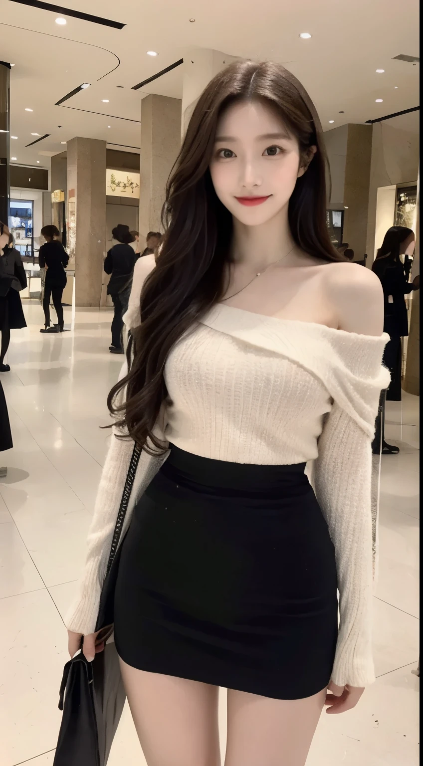 A girl about 37 years old,Simple,extremely beautiful and exquisite,(Light makeup),black hair,sweet smile,Delicate, beautiful and fair skin,Realistic and realistic,Exquisite and complete facial features,Detailed depiction of face,high nose bridge,red lips,fair, gentle beautiful girl,smooth hair,extremely fine hair,femininity,light up your face,Surreal,lifelike,8K quality,extremely detailed,realistic details,masterpiece,Realistic to the extreme,big breast body,fair,pure desire,Breathtakingly beautiful,Peerless beauty,Highest image quality,8K resolution,welcome,Smile,Exquisite facial features,Hair over the shoulders,a brown haired one,Legs are long and thick,(((high waist french top))),(((short skirt))),Sunlight,face camera,well-proportioned body、strong,gentle eyes,Showing thighs,standing posture,Standing in the mall,Full body image