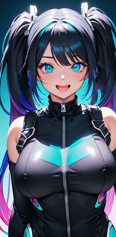 Realistic、1girl、black hair、(twintails),aqua eyes、open stance,(middle hair),(eye focus:1.3,upper body),(gradient eyes:1.3),(body suit:1.3
)、(Open mouth happy smile:1.3),cute face、,(tareme:1.3),(large breasts),(pop of color background:1.5)
