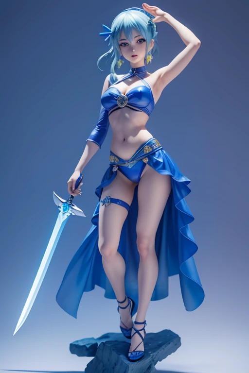 Super Fine、Complex 3D rendering,Presenting beautiful anime characters, Beautiful soft studio lighting, Rim Light, Vivid details,luxury, Lace, Surrealism, Blue Hair, A surreal medieval world showing off private parts, Holding a sword