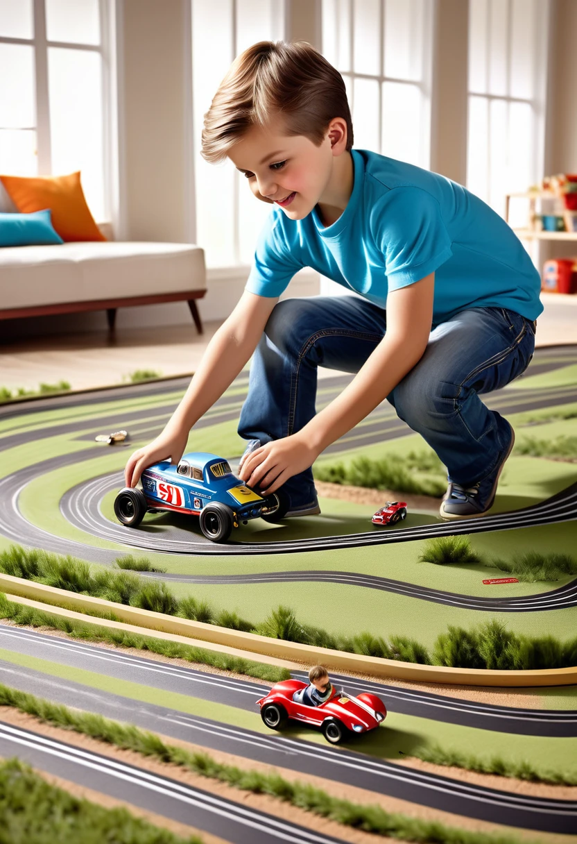 retro,(boy playing with Car Racing Track:1.5), (( Highly detailed: 1.4), (( masterpiece )), ( Hyper detailed and beautiful: 1.3), (Photorealistic: 1.4), 32k .