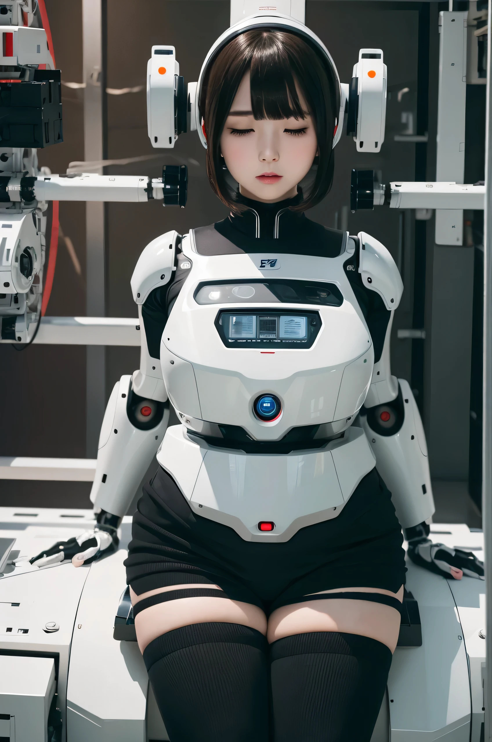 masterpiece, best quality, extremely detailed, Japaese android girl,Plump , control panels,android,Droid,Mechanical Hand, Robot arms and legs,Blunt bangs,perfect robot girl,long tube,thick cable connected her neck,android,robot,humanoid,cyborg,japanese cyborg girl ,future laboratory,robot laboratory,maintenance,connecting a cable between the legs,skirt, She is charging now,(sleep mode:1.5)(closing eyes:1.5)