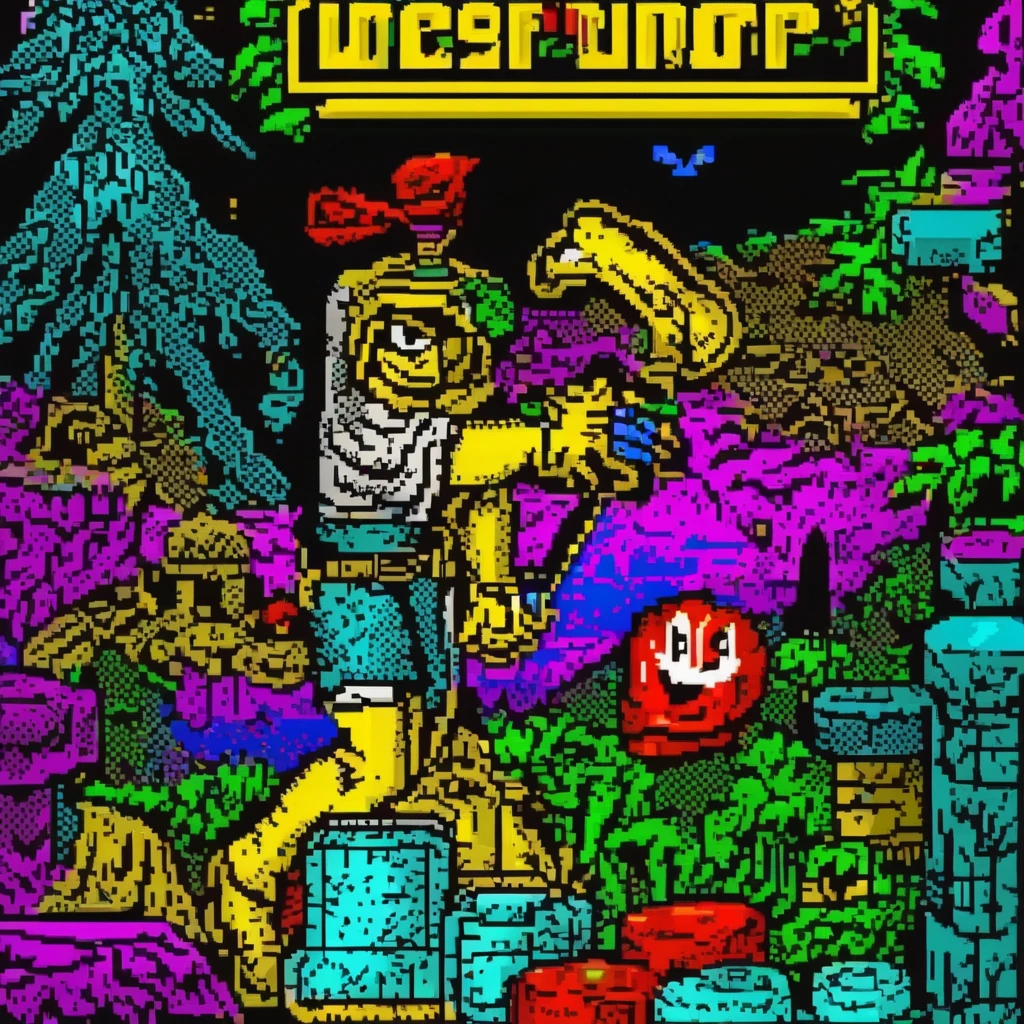 zxspectrum syle, (a retro game),pixel art,8-bit (video game:1.1),vibrant colors,arcade style,classic characters,playful and nostalgic atmosphere,retro gaming consoles and controllers,detailed design of game sprites,impressive game effects,retro sound effects,a mix of platformer and shooter games,side-scrolling gameplay,high score challenge,retro-themed backgrounds and levels,classic power-ups and obstacles,fast-paced gameplay,engaging storyline with twists and turns,hidden levels and secrets,triumphant music upon winning a level,retro game cover art style,vintage gaming experience,perfect balance of difficulty,nostalgic tear-inducing moments,immersive gameplay experience,enjoyable gameplay mechanics,captivating pixelated landscapes,retro game fan-art game development process,retro gaming community,A.I. generated retro game aesthetics,pixel-perfect animations.