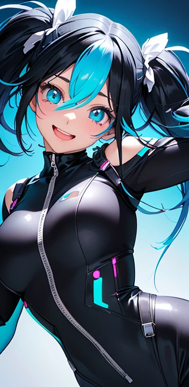 Realistic、1girl、black hair、(side ponytail),aqua eyes、open stance,(middle hair),(eye focus:1.3,upper body),(gradient eyes:1.3),(body suit:1.3
)、(Open mouth happy smile:1.3),cute face、,(tareme:1.3),(small breasts:1.3),(pop of color background:1.5)