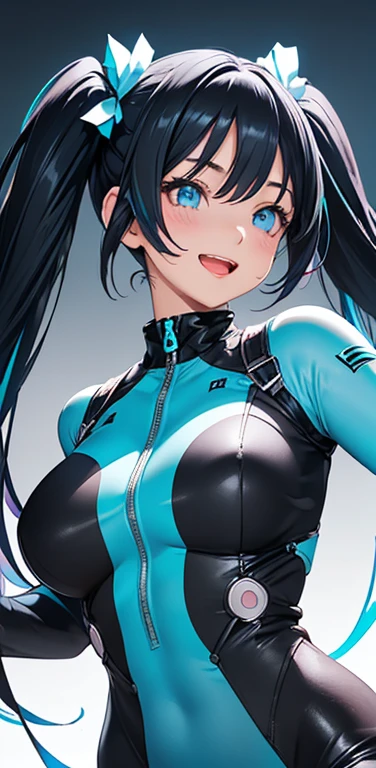 Realistic、1girl、black hair、(twintails),aqua eyes、open stance,(middle hair),(eye focus:1.3,upper body),(gradient eyes:1.3),(body suit:1.3
)、(Open mouth happy smile:1.3),cute face、,(tareme:1.3),(large breasts),(pop of color background:1.5)
