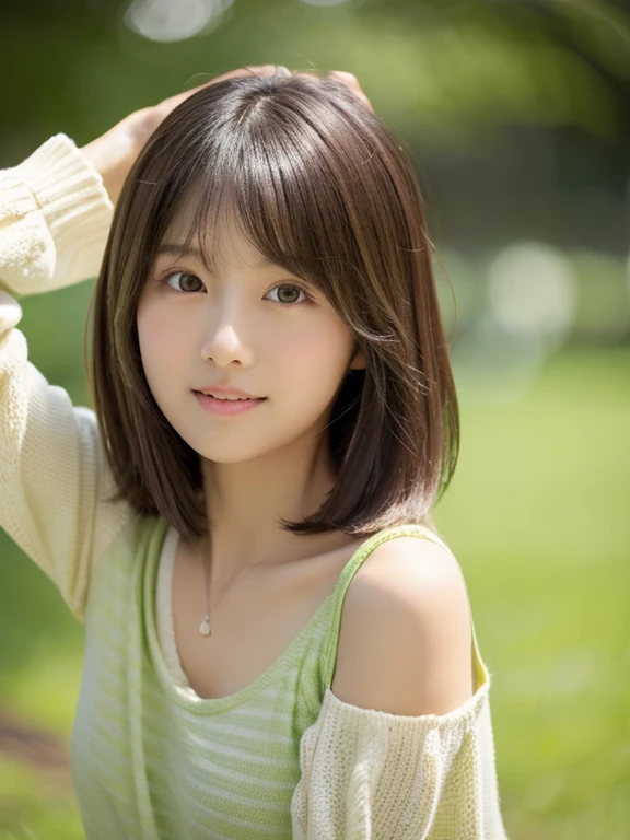 highest quality、超A high resolution、(Photoreal:1.4)、1 girl、(dark brown hair:1)、flat chest、looking at the viewer、Close-up、short hair、japanese woman、With background、natural styling、look at the camera、cute impression、simple clothes、Earth Toned Clothing, (less exposed) ,Bob length、Fresh green background、facing the front、take a pose、waist