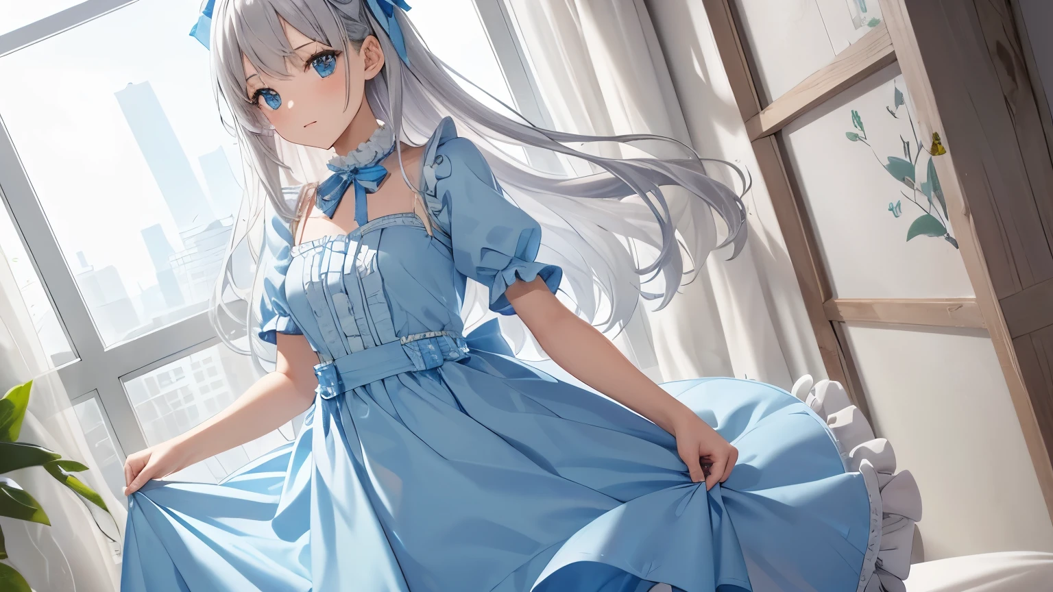 A beautiful girl wearing a light blue sweet  dress with lots of frills and lace.　Long straight silver hair with big ribbon