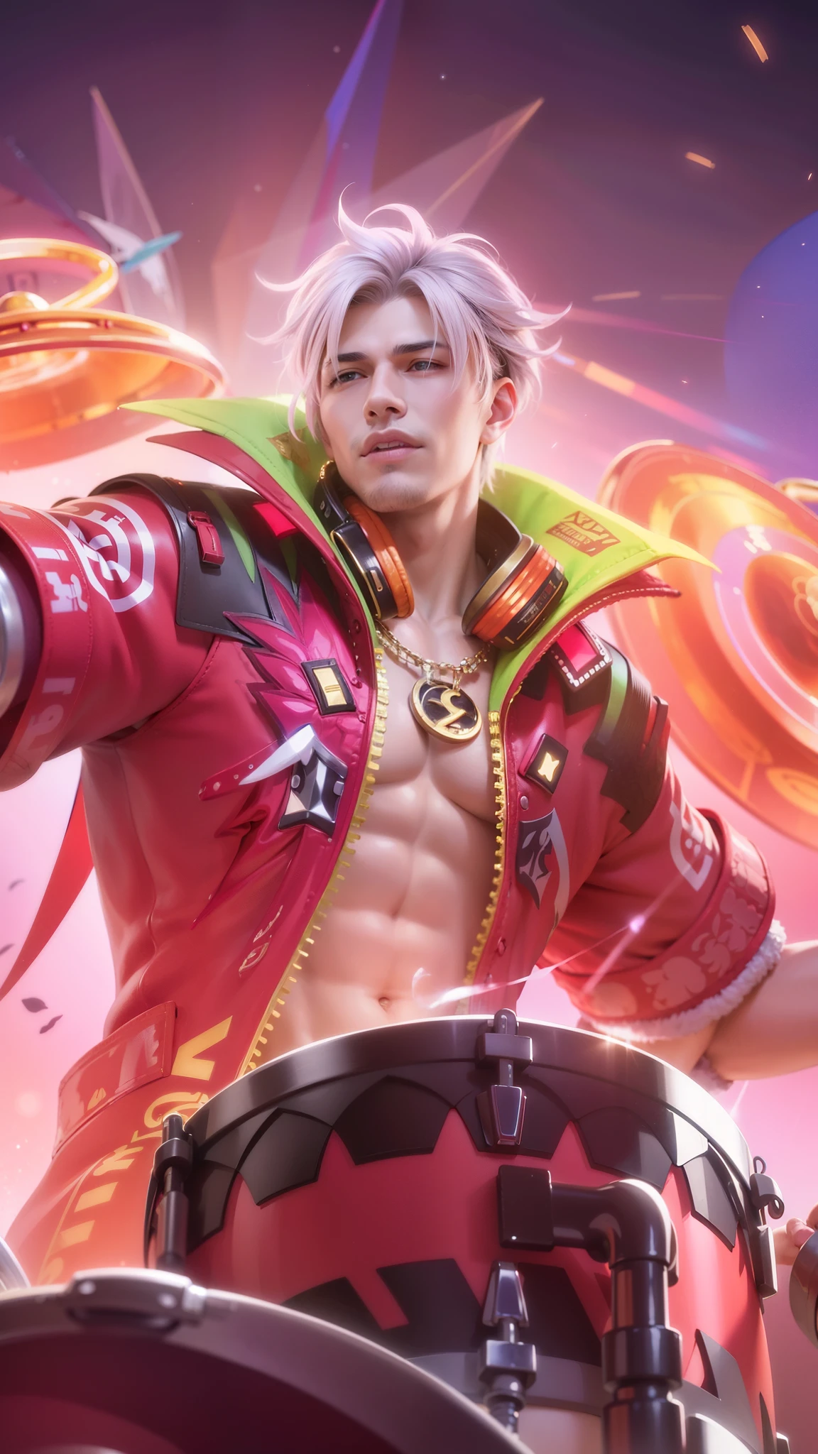 Masculine man, Best quality, masterpiece, detailed skin texture, detailed clothes texture, detailed face, super detail, 8k, intricate detail, 1 boy, The color doesn't change, Muscle guy, 1 guy, a man with a pink jacket and a drum in his hand, mobile legends, headphone, pink hair, smile evil
