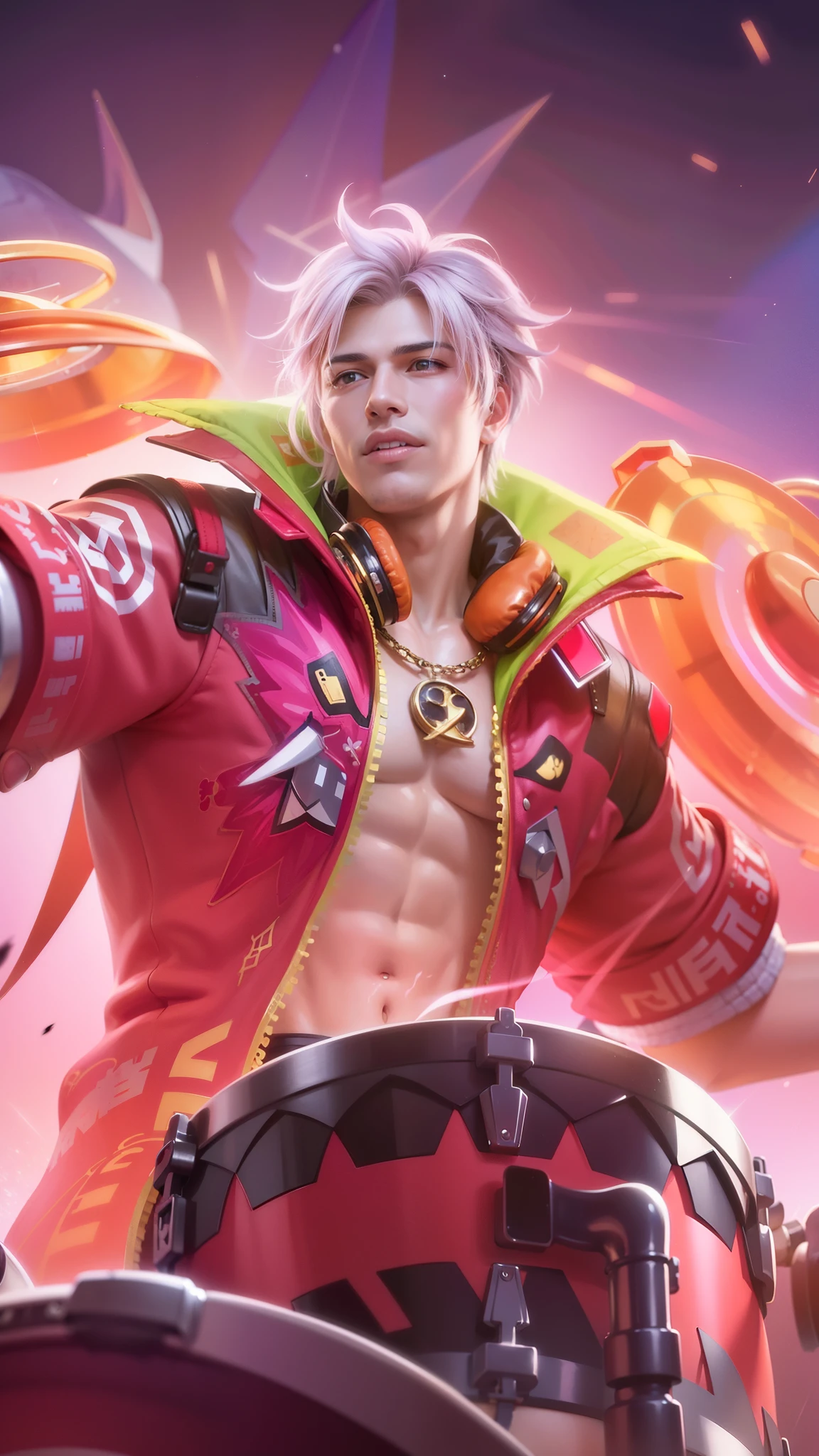 Masculine man, Best quality, masterpiece, detailed skin texture, detailed clothes texture, detailed face, super detail, 8k, intricate detail, 1 boy, The color doesn't change, Muscle guy, 1 guy, a man with a pink jacket and a drum in his hand, mobile legends, headphone, pink hair, smile evil