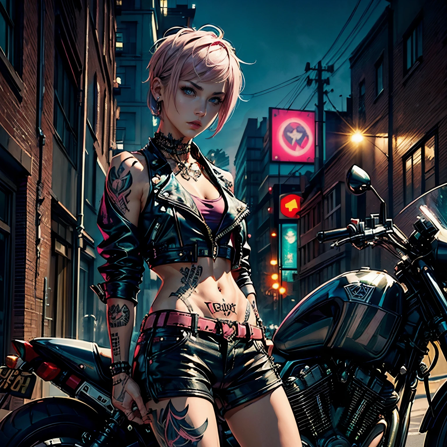 (((top quality: 1.4))),(A masterpiece like no other in history), (ultra high resolution),(Ultra-realistic 8k CG), official art、standing in front of a motorcycle, (((adult body))), (((1 girl))), ((( bob short hair ))), punk girl with perfect body, jacket with metal spine,Beautiful and well-shaped face,See here,elaborate punk fashion,leather jacket, (Image from head to thighs),((Pink bob short hair )), ((small leather micro sling bikini:1.0)), Simon Bisley's urban and brutal style,Detailed street background of London,beautiful abs, Complex graphics, (( Lots of poisonous tattoos )), earrings,cinematic lighting,