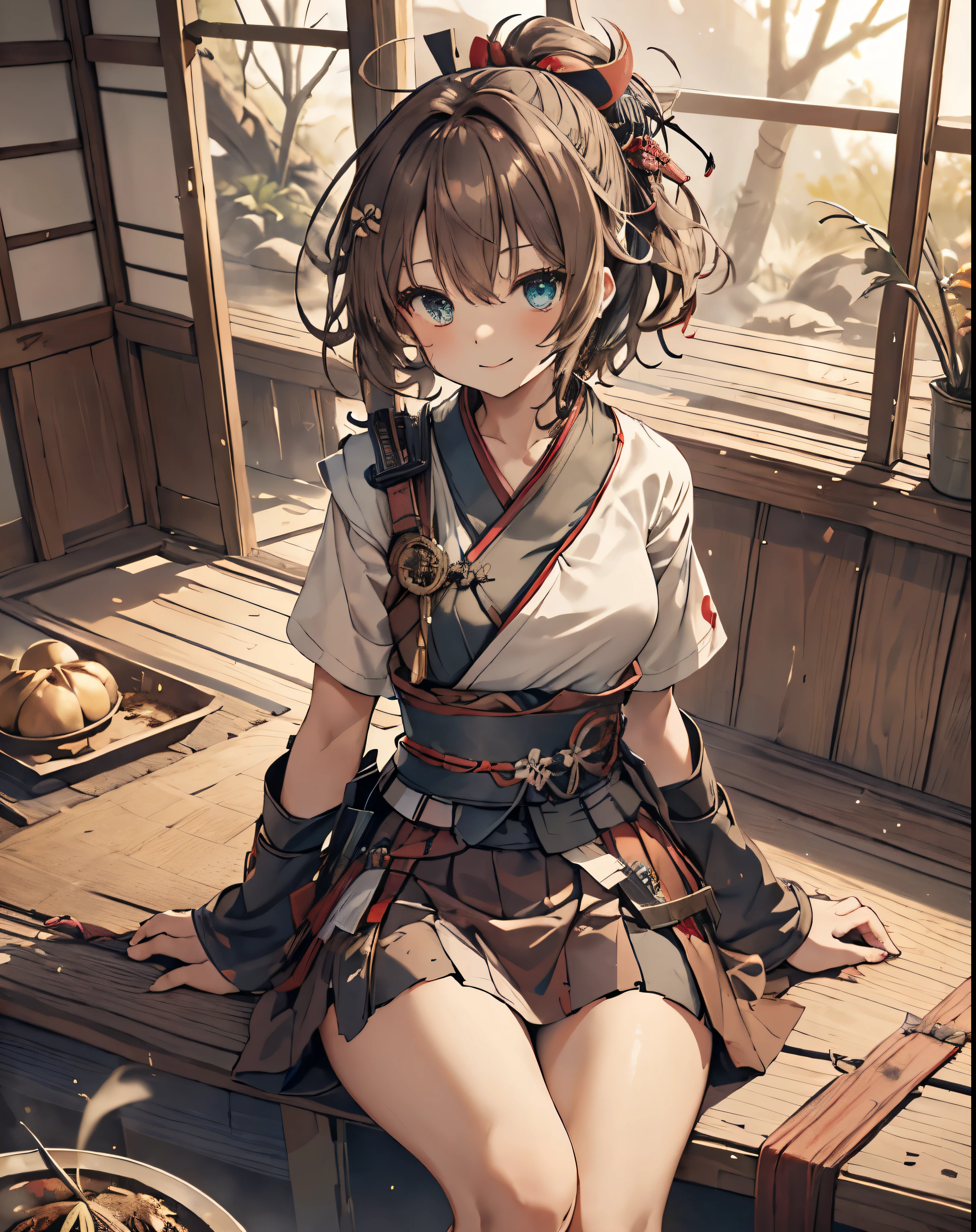 masterpiece,1girl, sparrow, a brown haired girl, wearing a japanese samurai, curly short hair, messy hair, red skirt, slim body, small breasts, she close her left eye, shirt ornament, ppai, seductive expression, beautiful breasts, rounded breasts, aqua eyes, dress, miniskirt, sit at forest, ahoge, hair ribbon, samurai, seductive smile