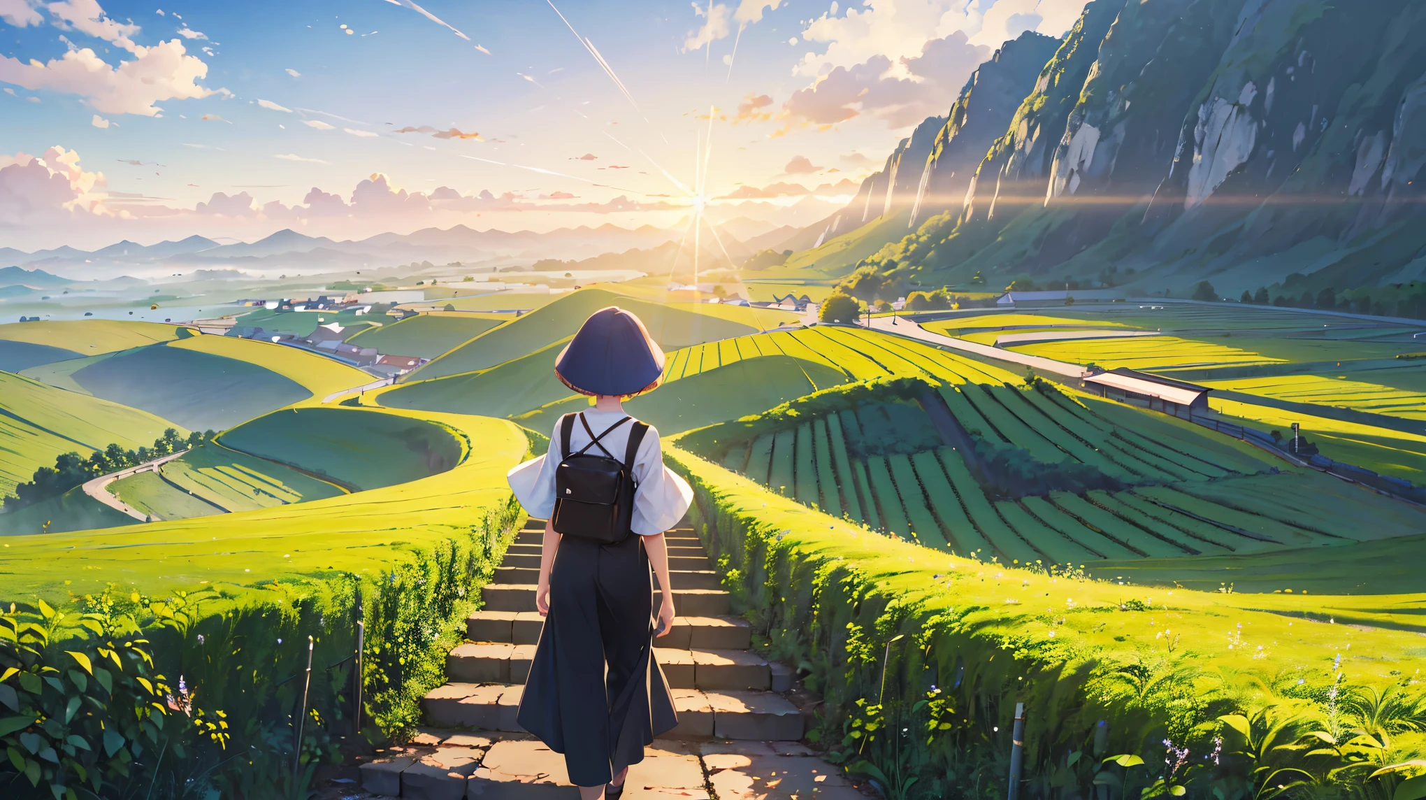((A beautiful picture depicting a Vietnamese hometown)), The focus of the scene is on a field with steps leading up to a staircase. In the field, there are Vietnamese farmers working diligently. The atmosphere is filled with the warm glow of beautiful sunshine, creating a cinematic lighting effect. The image is captured using a Sony FE GM lens, which ensures high-quality visuals. The composition of the image is a wide shot, showcasing the vastness and beauty of the landscape.  capturing the essence of everyday life. The level of detail in this artwork is exceptionally high, allowing for a realistic and immersive experience. The color palette is vibrant and vivid, enhancing the visual impact. The lighting in the scene is carefully crafted to create a captivating ambiance. The overall image quality is superb, with a resolution of 4k or 8k, making it a true masterpiece. (Asia)
