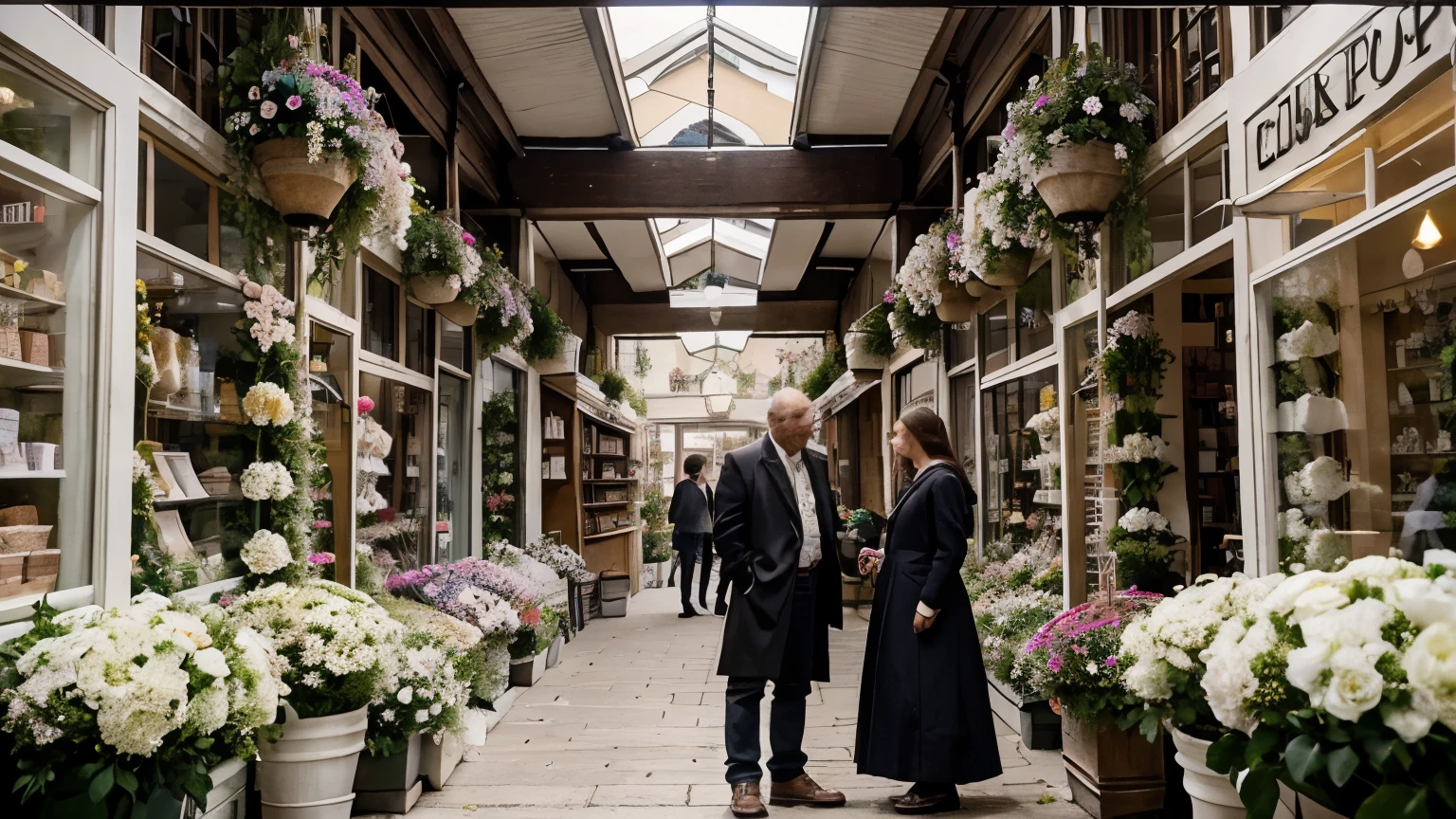 Generate an image of a flower shop in London in 1895 with a 19-year-old girl working as a florist and appearing to be feeling ill. The image shows the store full of flowers and decorative vases and a 50-year-old French man next to the florist. Make this image as real as possible.
