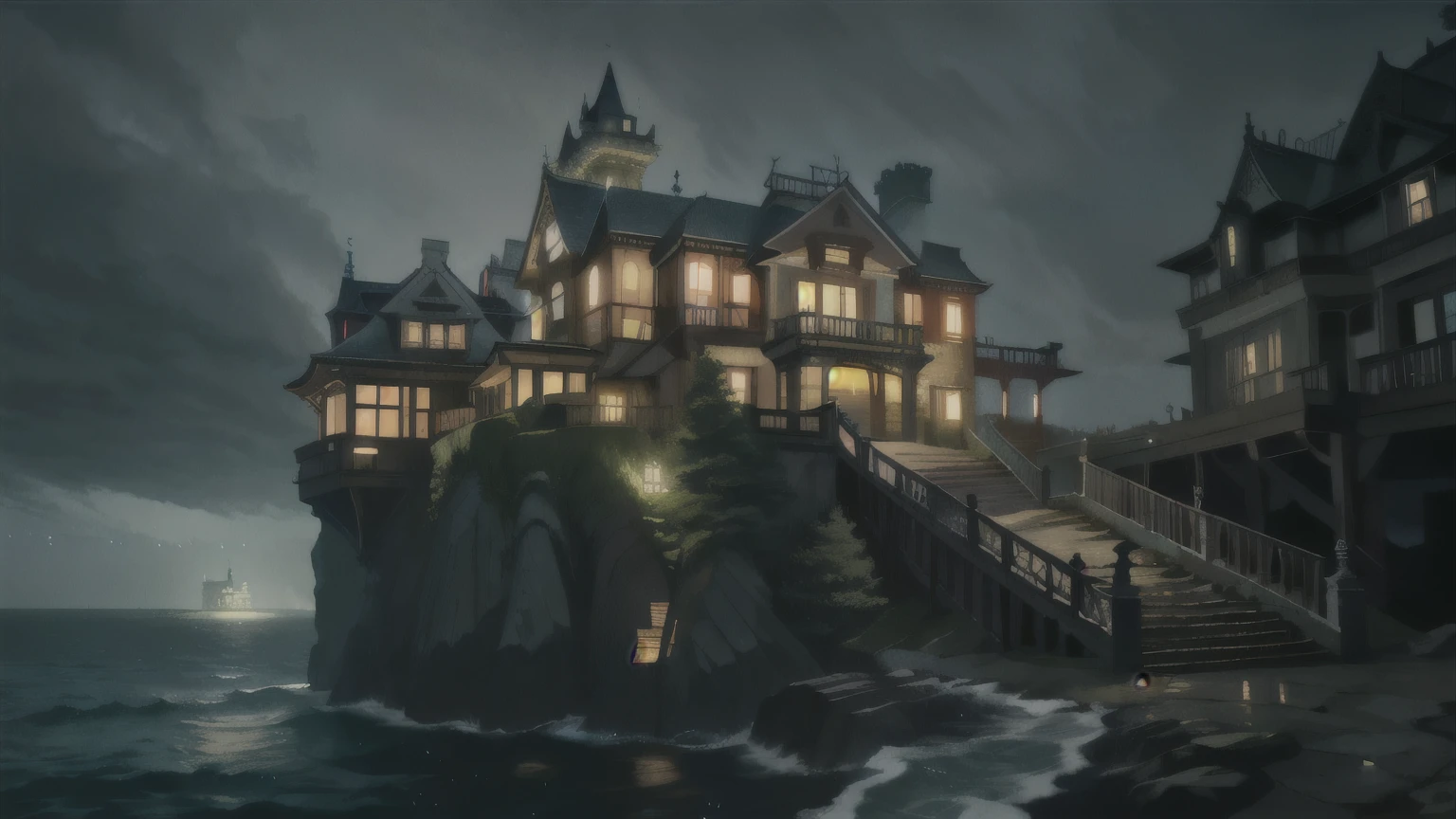 the lights are off、pouring rain、on the cliffに大きな家があり、There are stairs leading there, peaceful wooden mansion, spooky mansion, beachfront mansion, gothic mansion, on the cliff, howling\moving night castle, huge mansion, fantasy house, Victorian buildings by the sea, nighttime rendering, Mysterious appearance, ビクトリア朝のmansion, fantasy atmospheric lighting, realistic fantasy render, mansion, (fantasy)
