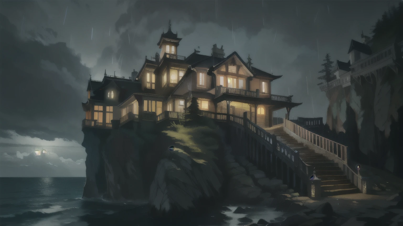 the lights are off、pouring rain、on the cliffに大きな家があり、There are stairs leading there, peaceful wooden mansion, spooky mansion, beachfront mansion, gothic mansion, on the cliff, howling\moving night castle, huge mansion, fantasy house, Victorian buildings by the sea, nighttime rendering, Mysterious appearance, ビクトリア朝のmansion, fantasy atmospheric lighting, realistic fantasy render, mansion, (fantasy)
