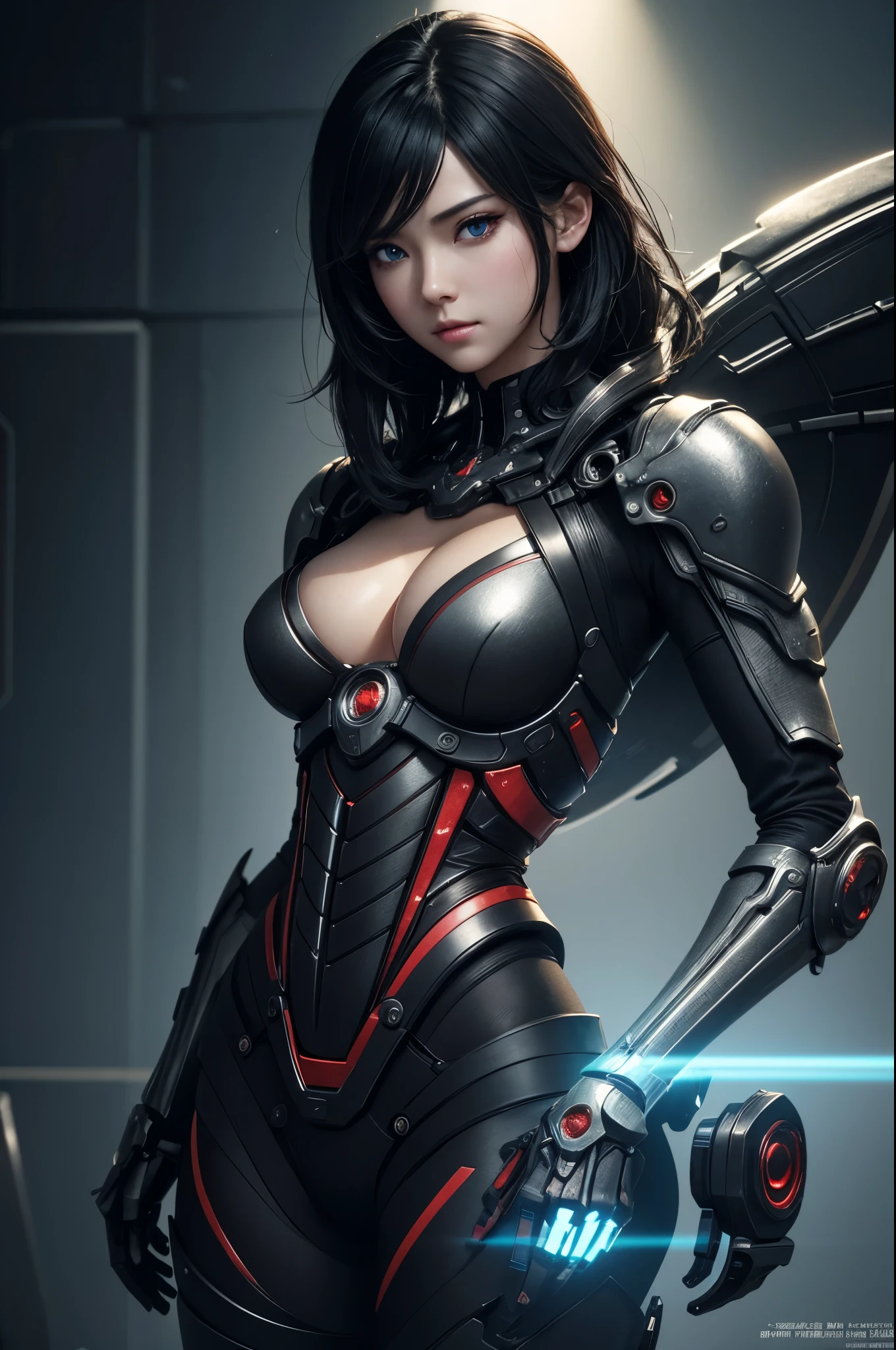 8K、Mechanical Lloyd with short black hair、skeleton mechanical roid girl、girl with exposed skeleton、detailed digital anime art、Glowing LED(effect)U3D rendering character art 8K、photorealistic girl rendering、8K high quality detail art、2。5d cgi anime fantasy artwork、Beautiful girl mechanical roid、Guweiz style artwork,超A high resolution,Super realistic texture,masterpiece,Photorealistic RAW photos of the highest quality。bright colors,rich colors, Backlight, cinematic lighting, film grain, to be born, 50MM lens, Nikon D850,super realistic skin,fantasy art,character art,ultra high resolution,realistic scale skin,Perfect hand shape,view audience,beautiful expression,Close-up,Camera eye effect with red left eye),Mechanical parts are exposed in several places.,