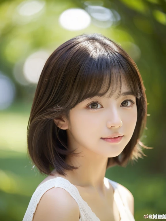 highest quality、超A high resolution、(Photoreal:1.4)、1 girl、(dark brown hair:1)、flat chest、looking at the viewer、Close-up、short hair、japanese woman、With background、natural styling、look at the camera、cute impression、simple clothes、Earth Toned Clothing, (less exposed) ,Bob length、Fresh green background、facing the front、take a pose、waist