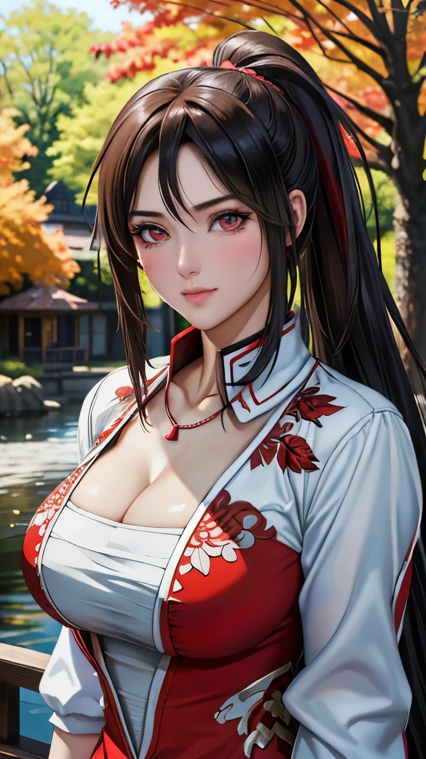 red eyes, (highest quality, masterpiece painting:1.3), immature woman, ************, (half body shot), masterpiece, ultra high resolution, (Photoreal:1.0), ponytail, straight hair, beautiful shining hair, white and shining skin, ((Ultra realistic details)), octane rendering, highly detailed face, (big breasts:0.8),(sexy and cute cheongsam,red and white contrast outfit,delicate decoration:1.2), open neckline, (necklace:1.0),cleavage, perfect body, soft skin, anime face, perfect face, perfect eyes, looking at the viewer, smart, Under autumn leaves tree background, Autumn leaf petals are falling, outdoors,shrine, sharp focus, intricate details, professional artwork, (bright colors:1.1), bright colors, diffused lighting, digital blending, ultra-definition body, ultra detail hair, super detailed face, that&#39;It&#39;s trending on pixiv, top button open, Cute gaze, compensate, perfect lips, perfect compensate, Ultra-precision coating, (light_smile:0.8), (Very embarrassed:1.2), blush your nose,