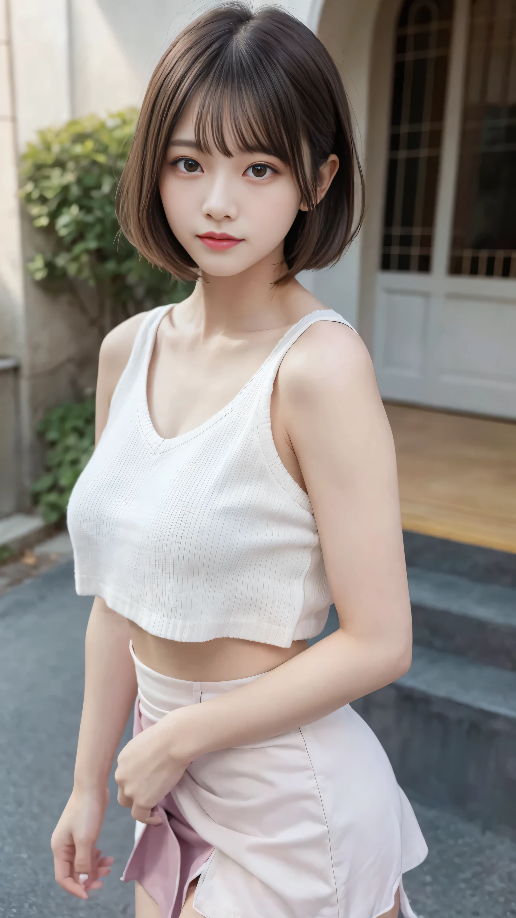 best quality, masterpiece, ultra high resolution, (Reality: 1.4), original photo, 1 woman, soft white tank top, short pants,cinematic lighting, big soft breasts, short straight brown hair color, necklace, split, neon lights, inside, avoid burns skin,raise one&#39;s arms