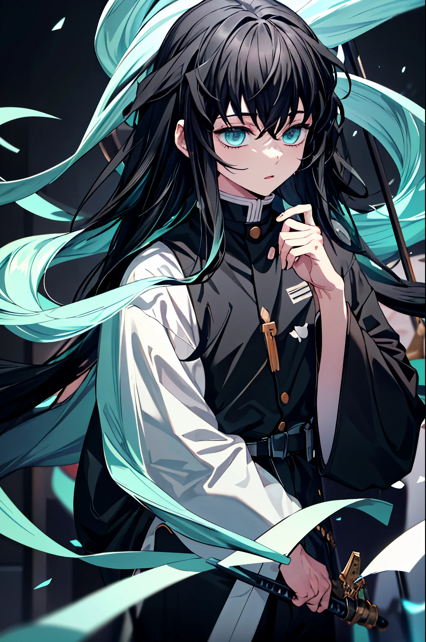 highest quality、highest quality、Super detailed、perfect face、very detailed、perfect human body、very delicate and detailed、1 boy、long black hair、hair is down to the waist、The ends of the hair are mint green、light blue eyes、Wearing a big black hoodie、black pants、night、detailed background