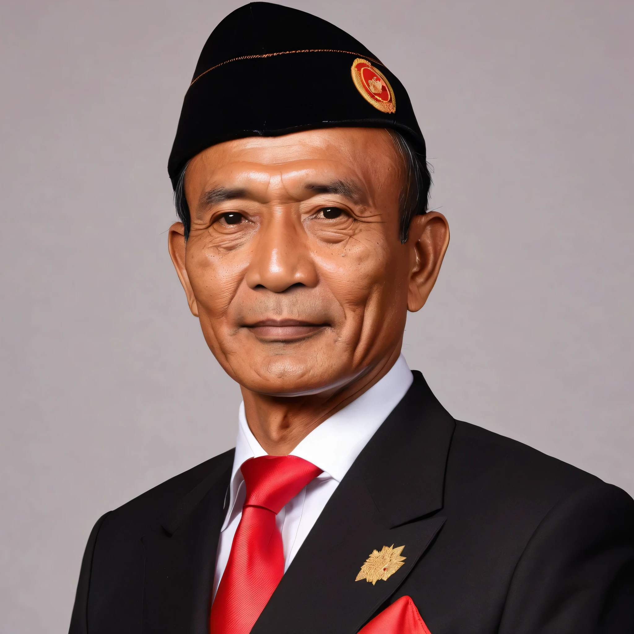 Pictures of a man's body with an Indonesian face, wearing a black suit, white shirt, and red tie, and a black Koplok cap. There is a medal or pin on the left side of the chest. The background of the image displays the brown color and red and white flag on the back left, the man pose in a formal and sturdy way, a little thin smile, a picture like a photo of the country's leader.