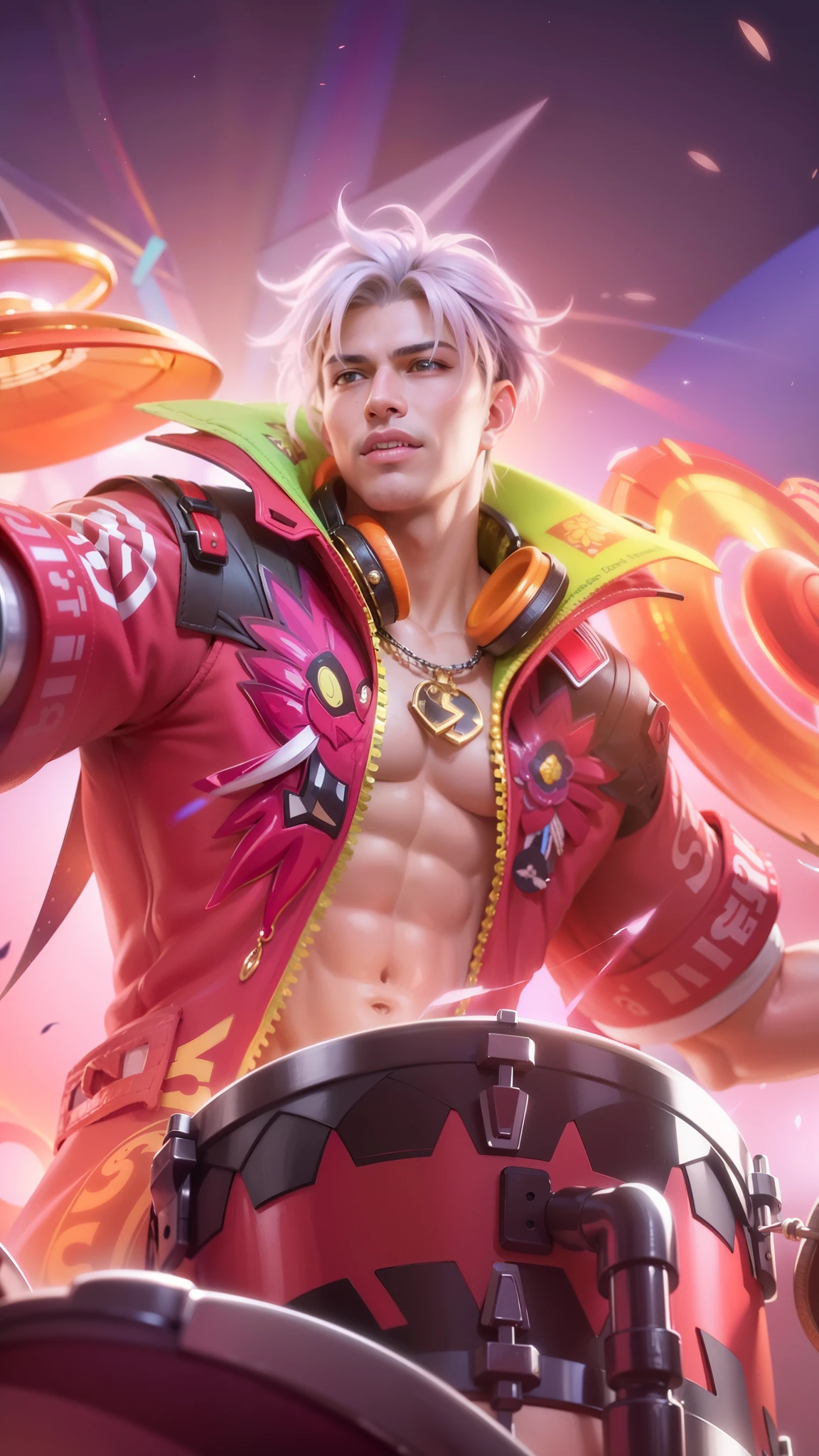 Masculine man, Best quality, masterpiece, detailed skin texture, detailed clothes texture, detailed face, super detail, 8k, intricate detail, 1 boy, The color doesn't change, Muscle guy, 1 guy, a man with a pink jacket and a drum in his hand, mobile legends, headphone, pink hair, smile evil