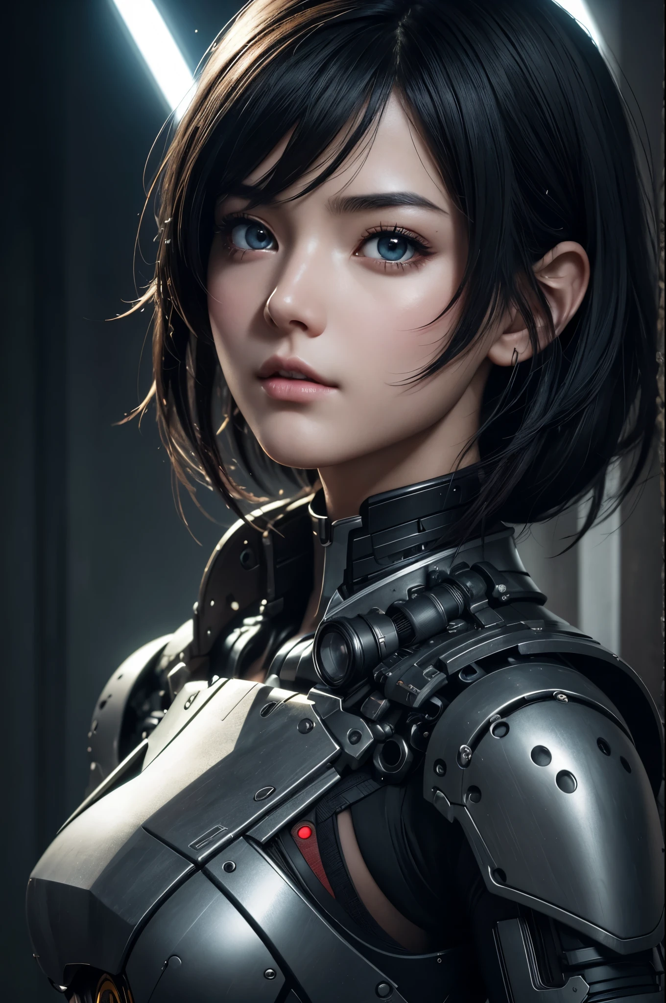 centered, upper body, award winning upper body portrait, (detailed face), (beautiful detailed eyes:1.2), | solo, knight woman, short hair, black hair, dark brown eyes, (black knight tight armor), symetrical and detailed armor, | fantasy town, medieval, european street, | bokeh, depht of field, | hyperealistic shadows, smooth detailed, blurred background, | <lora:HarukaV1-000008:0.8>